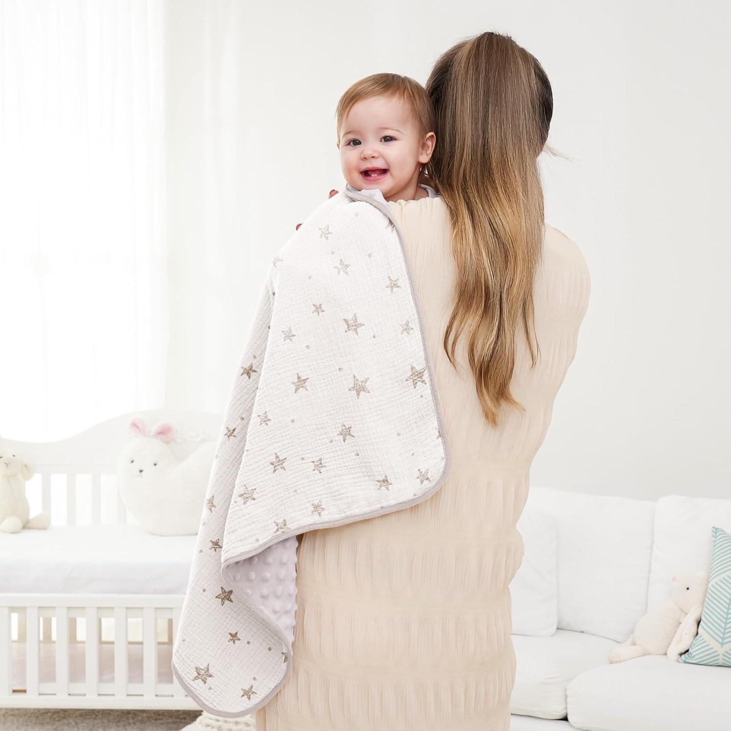 image:imageSusurration Baby Blanket for Unisex Boys Girls Soft Nursery Minky Blanket with Muslin Cotton Front and Dotted Fleece Back Receiving Blanket for Baby Newborn Infant 30x40inch Dinosaur2 Pack Beige Star