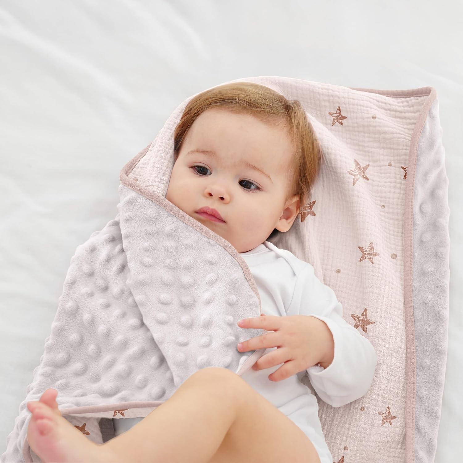 image:imageSusurration Baby Blanket for Unisex Boys Girls Soft Nursery Minky Blanket with Muslin Cotton Front and Dotted Fleece Back Receiving Blanket for Baby Newborn Infant 30x40inch Dinosaur2 Pack Pink Star