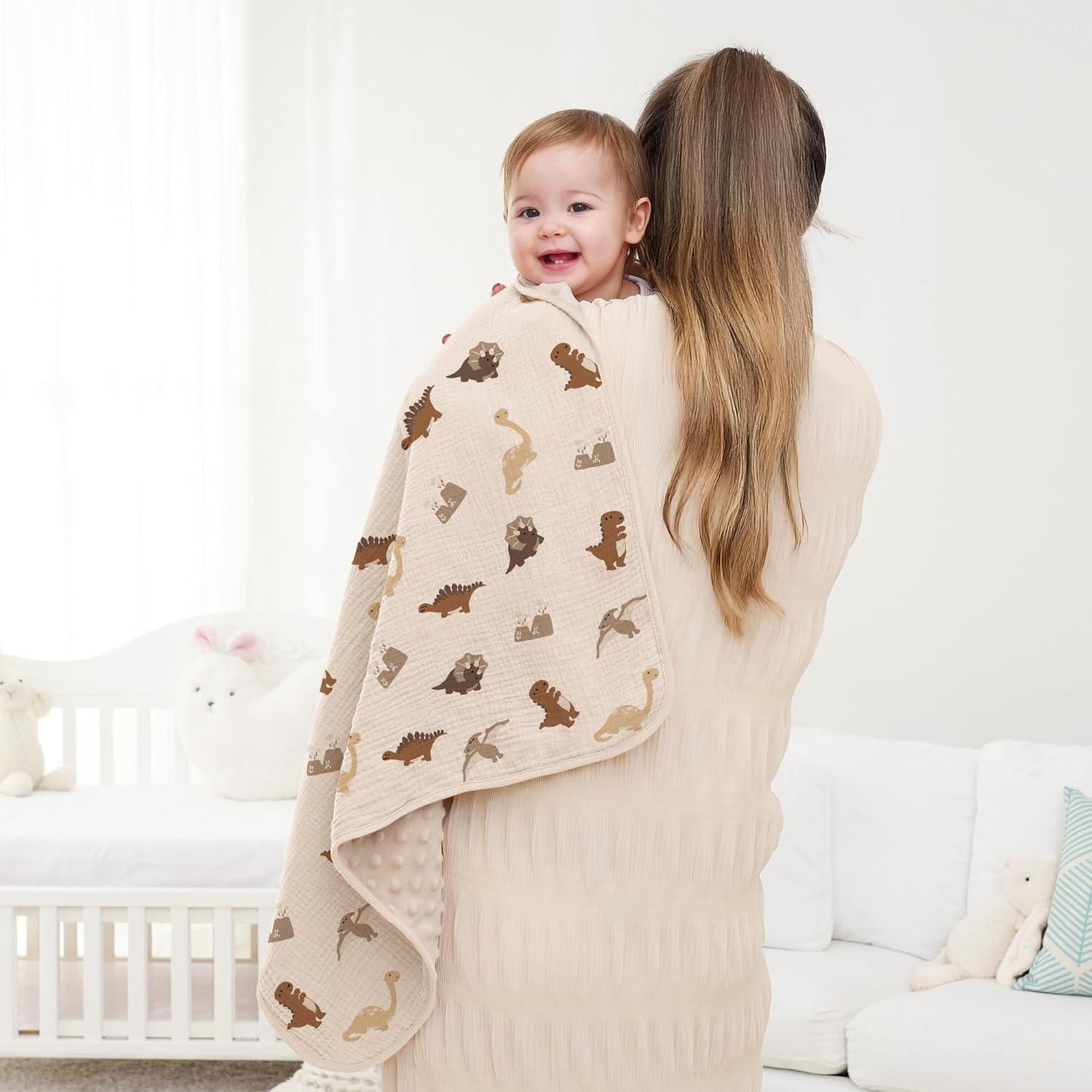 image:imageSusurration Baby Blanket for Unisex Boys Girls Soft Nursery Minky Blanket with Muslin Cotton Front and Dotted Fleece Back Receiving Blanket for Baby Newborn Infant 30x40inch Dinosaur2 Pack Dinosaur
