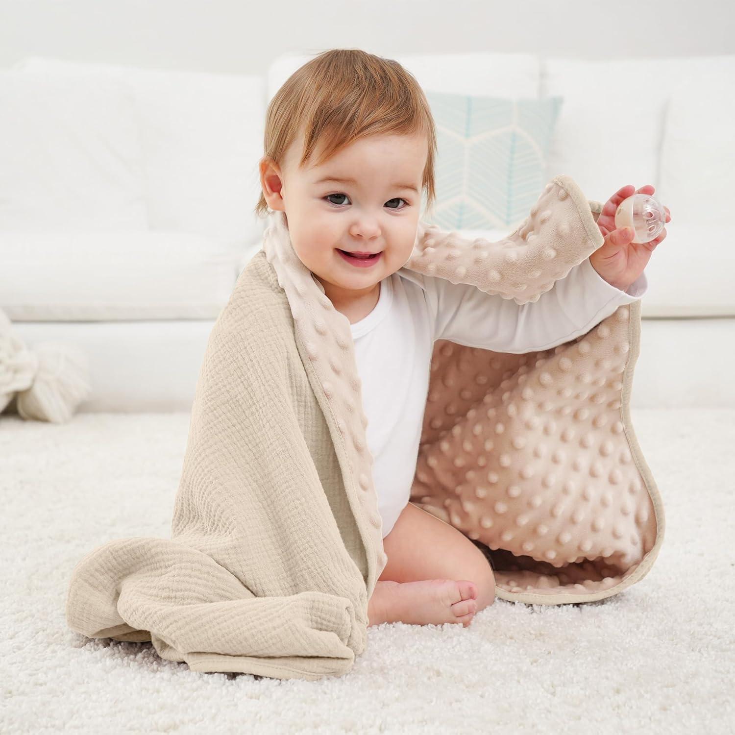 image:imageSusurration Baby Blanket for Unisex Boys Girls Soft Nursery Minky Blanket with Muslin Cotton Front and Dotted Fleece Back Receiving Blanket for Baby Newborn Infant 30x40inch DinosaurCream