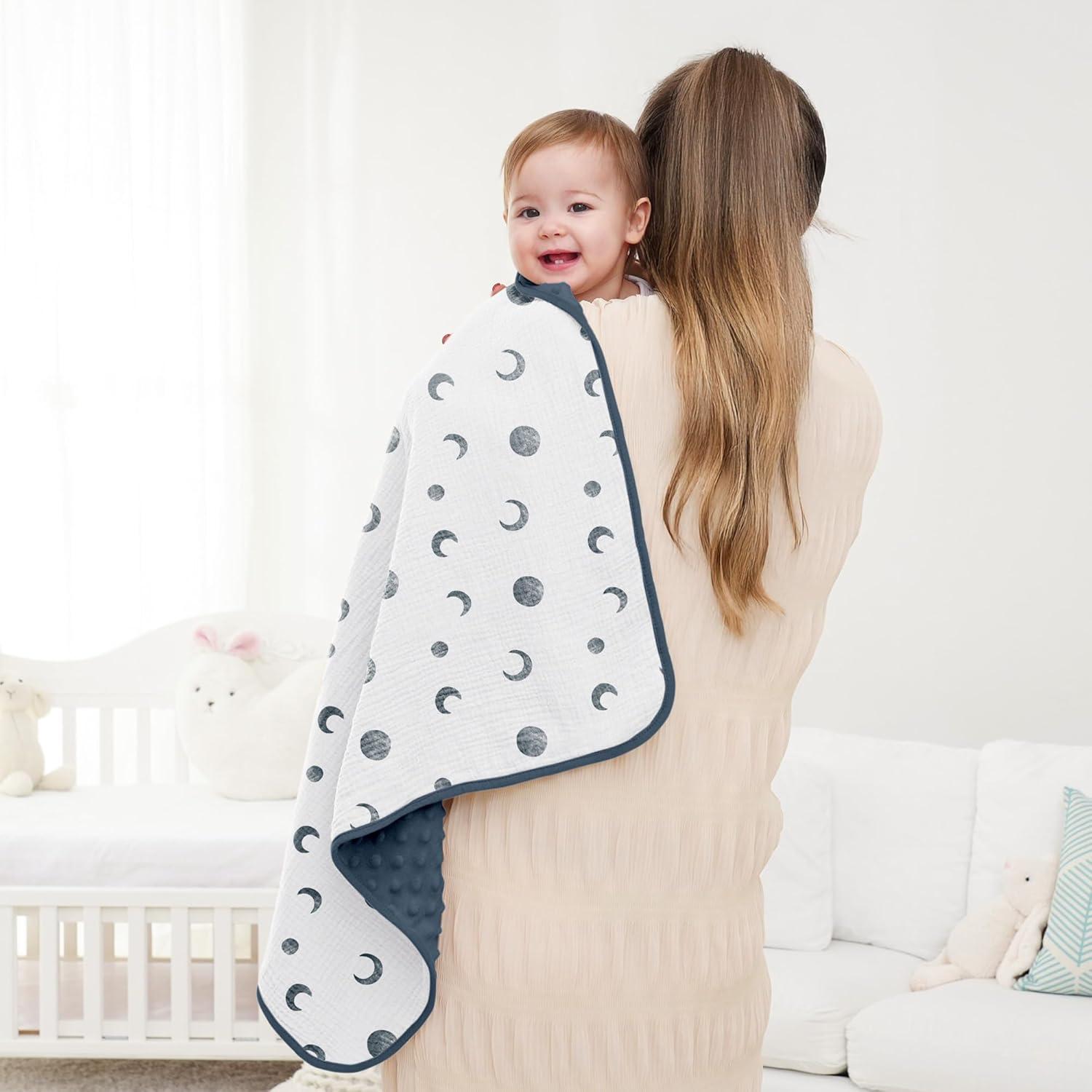 image:imageSusurration Baby Blanket for Unisex Boys Girls Soft Nursery Minky Blanket with Muslin Cotton Front and Dotted Fleece Back Receiving Blanket for Baby Newborn Infant 30x40inch Dinosaur2 Pack Bluemoon
