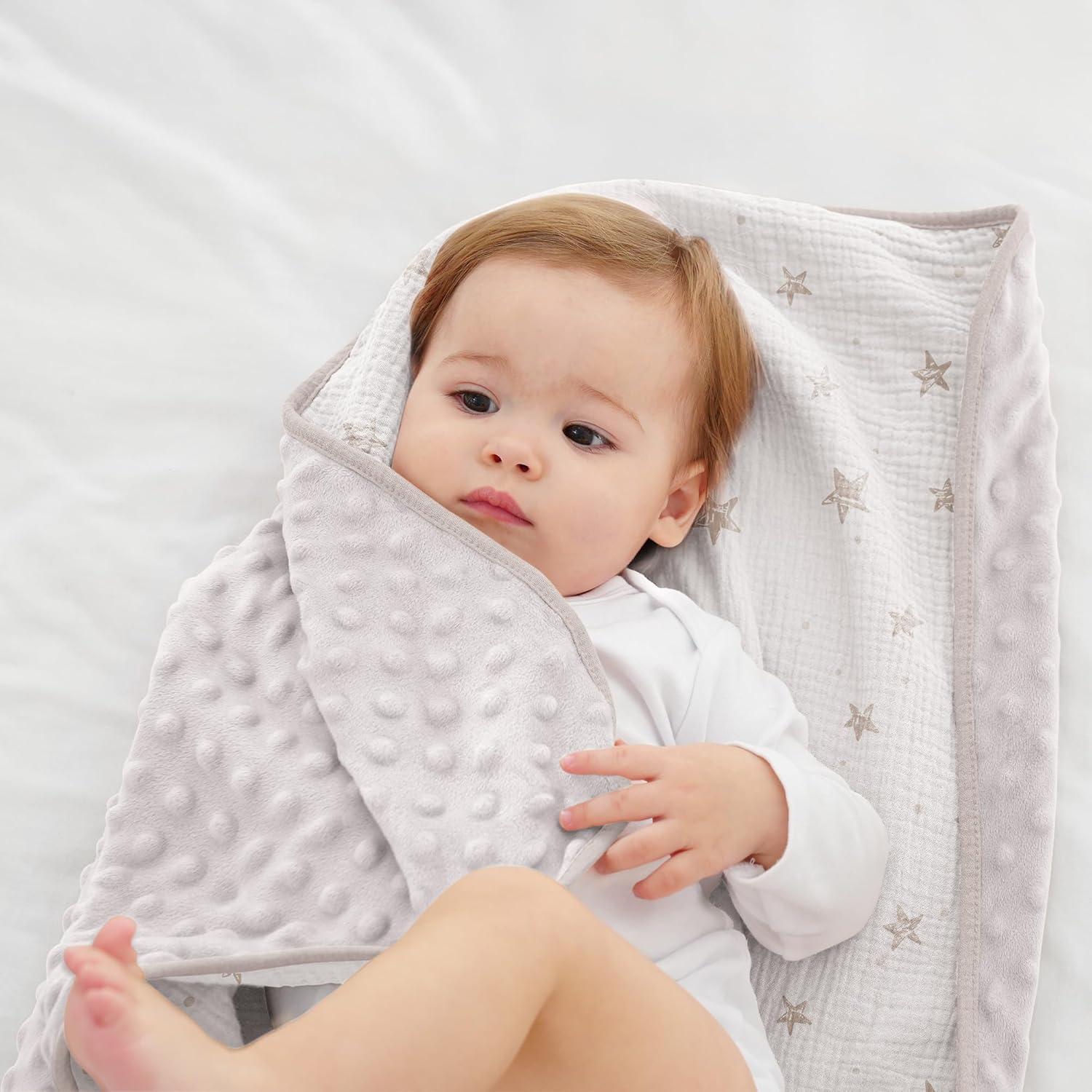 image:imageSusurration Baby Blanket for Unisex Boys Girls Soft Nursery Minky Blanket with Muslin Cotton Front and Dotted Fleece Back Receiving Blanket for Baby Newborn Infant 30x40inch Dinosaur2 Pack Beige Star
