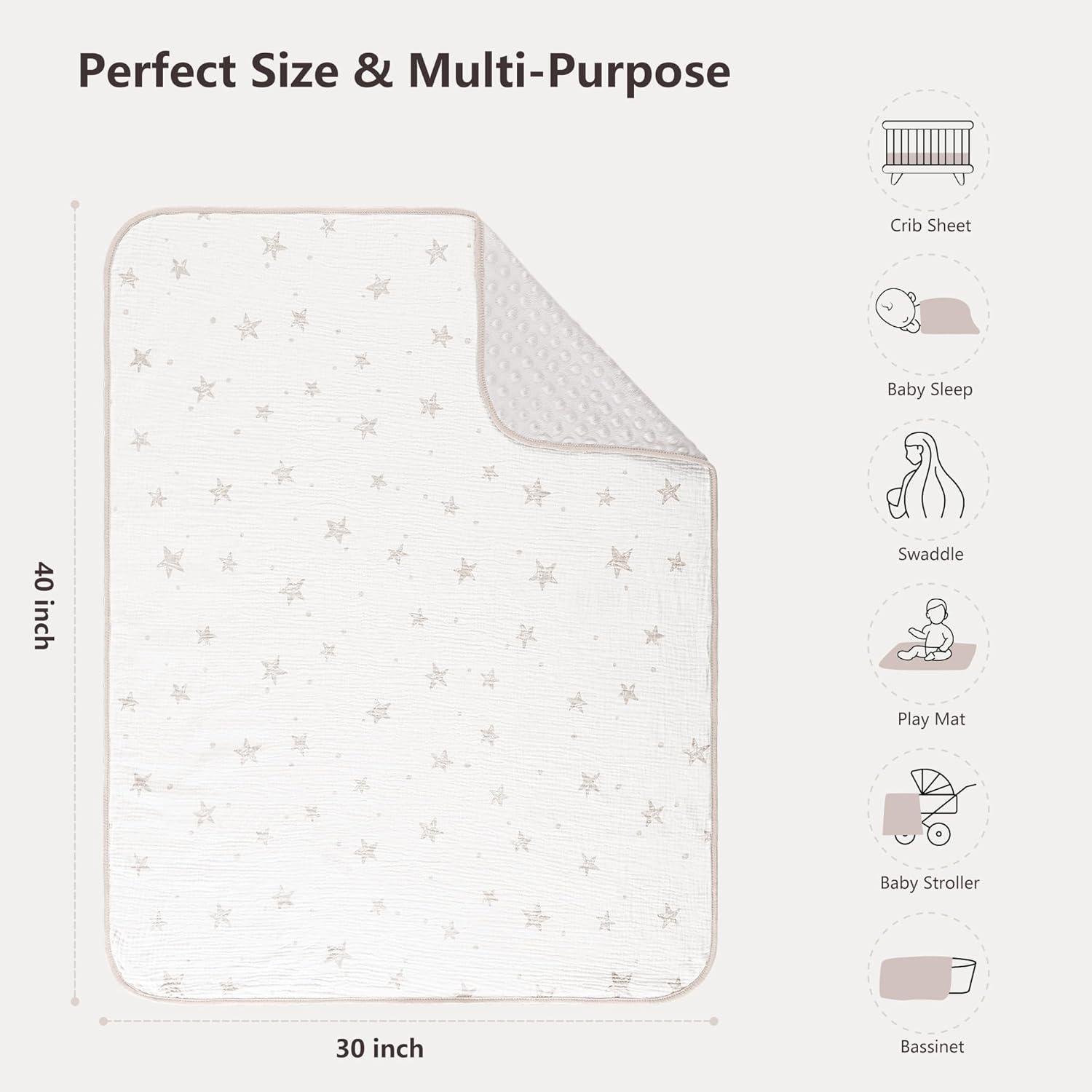 image:imageSusurration Baby Blanket for Unisex Boys Girls Soft Nursery Minky Blanket with Muslin Cotton Front and Dotted Fleece Back Receiving Blanket for Baby Newborn Infant 30x40inch Dinosaur2 Pack Beige Star