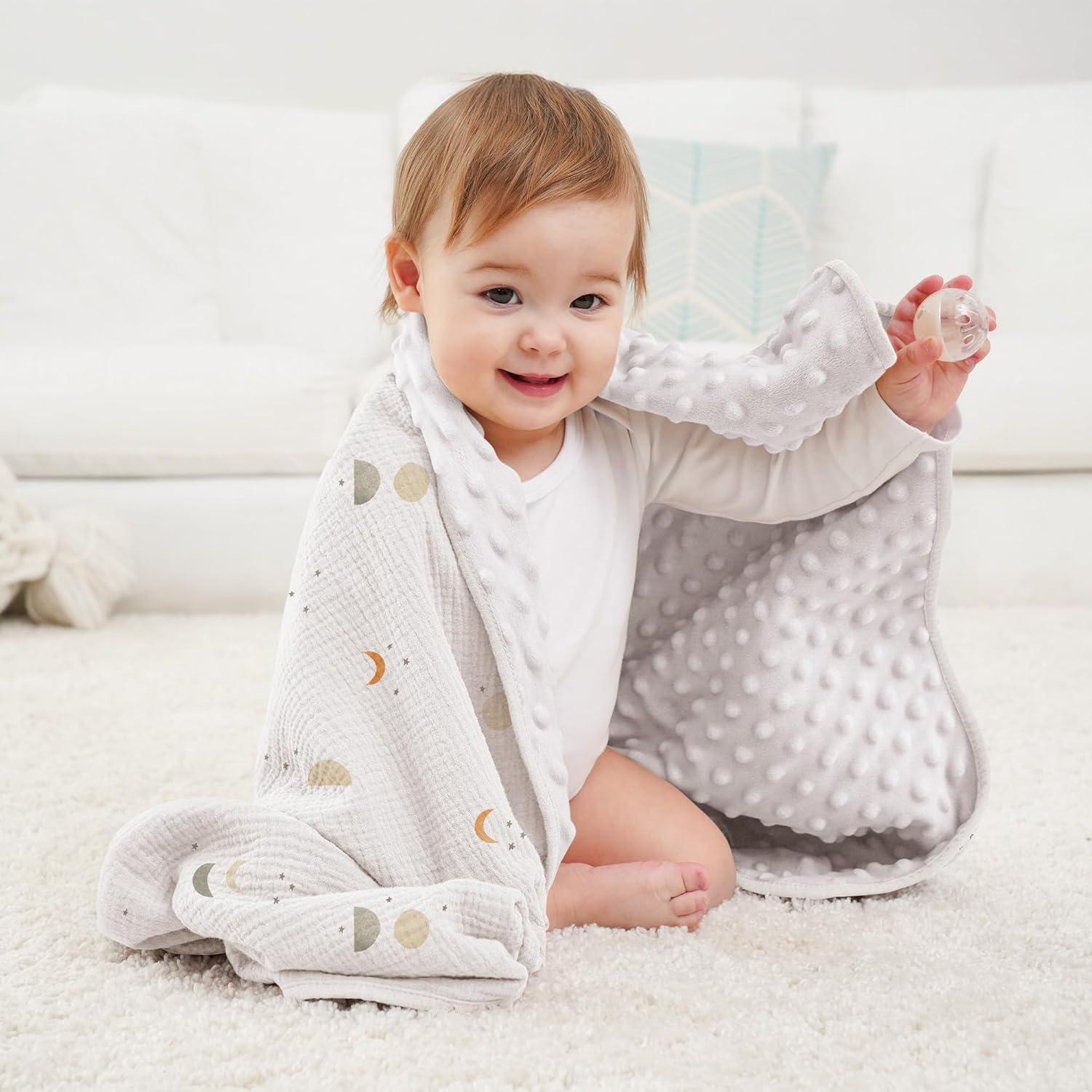 image:imageSusurration Baby Blanket for Unisex Boys Girls Soft Nursery Minky Blanket with Muslin Cotton Front and Dotted Fleece Back Receiving Blanket for Baby Newborn Infant 30x40inch DinosaurGray Moon