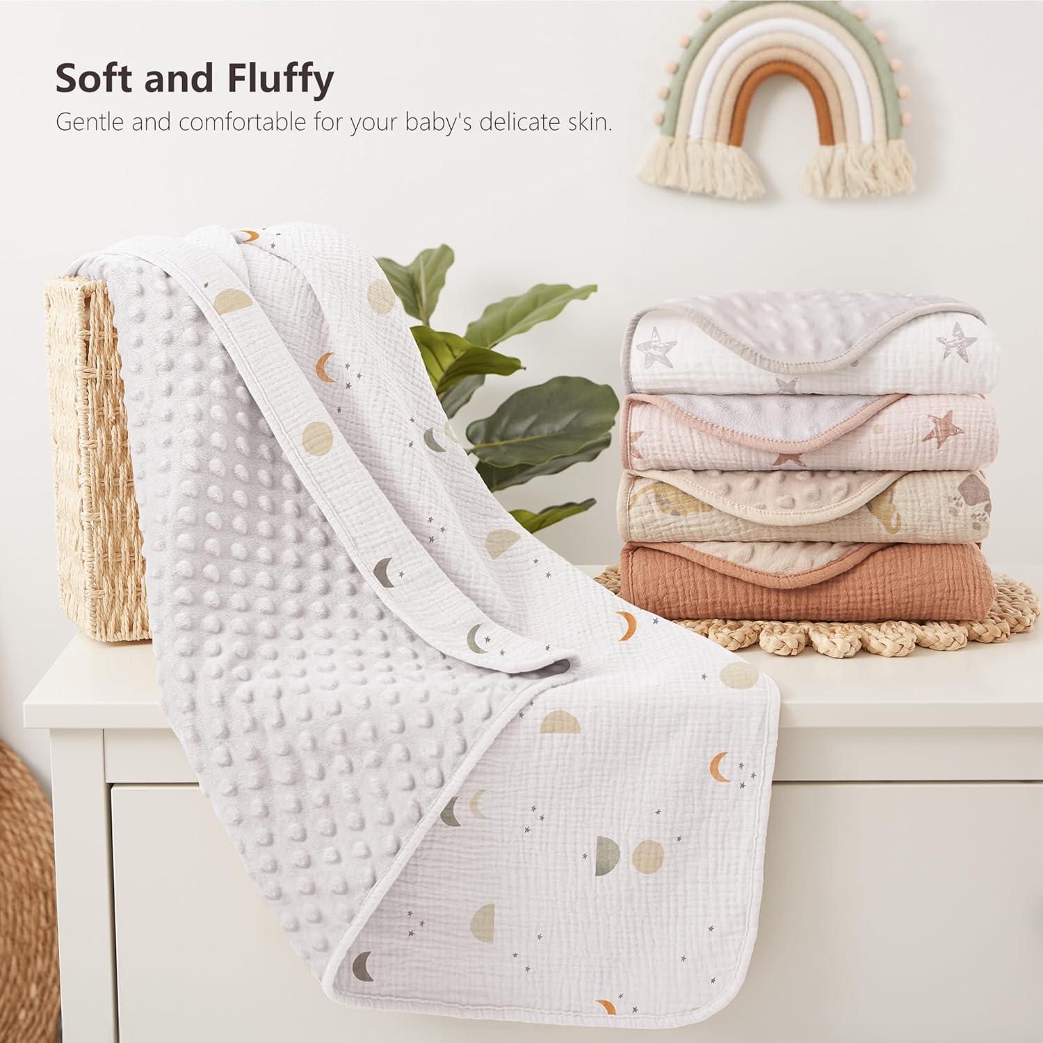 image:imageSusurration Baby Blanket for Unisex Boys Girls Soft Nursery Minky Blanket with Muslin Cotton Front and Dotted Fleece Back Receiving Blanket for Baby Newborn Infant 30x40inch DinosaurGray Moon