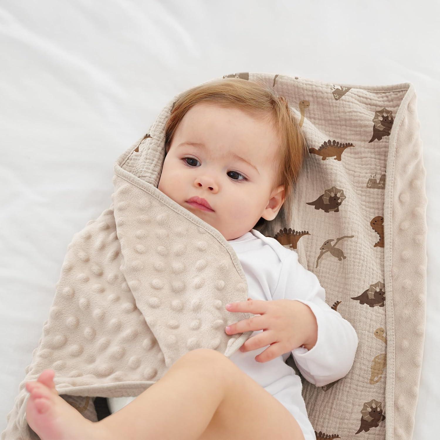 image:imageSusurration Baby Blanket for Unisex Boys Girls Soft Nursery Minky Blanket with Muslin Cotton Front and Dotted Fleece Back Receiving Blanket for Baby Newborn Infant 30x40inch Dinosaur2 Pack Dinosaur