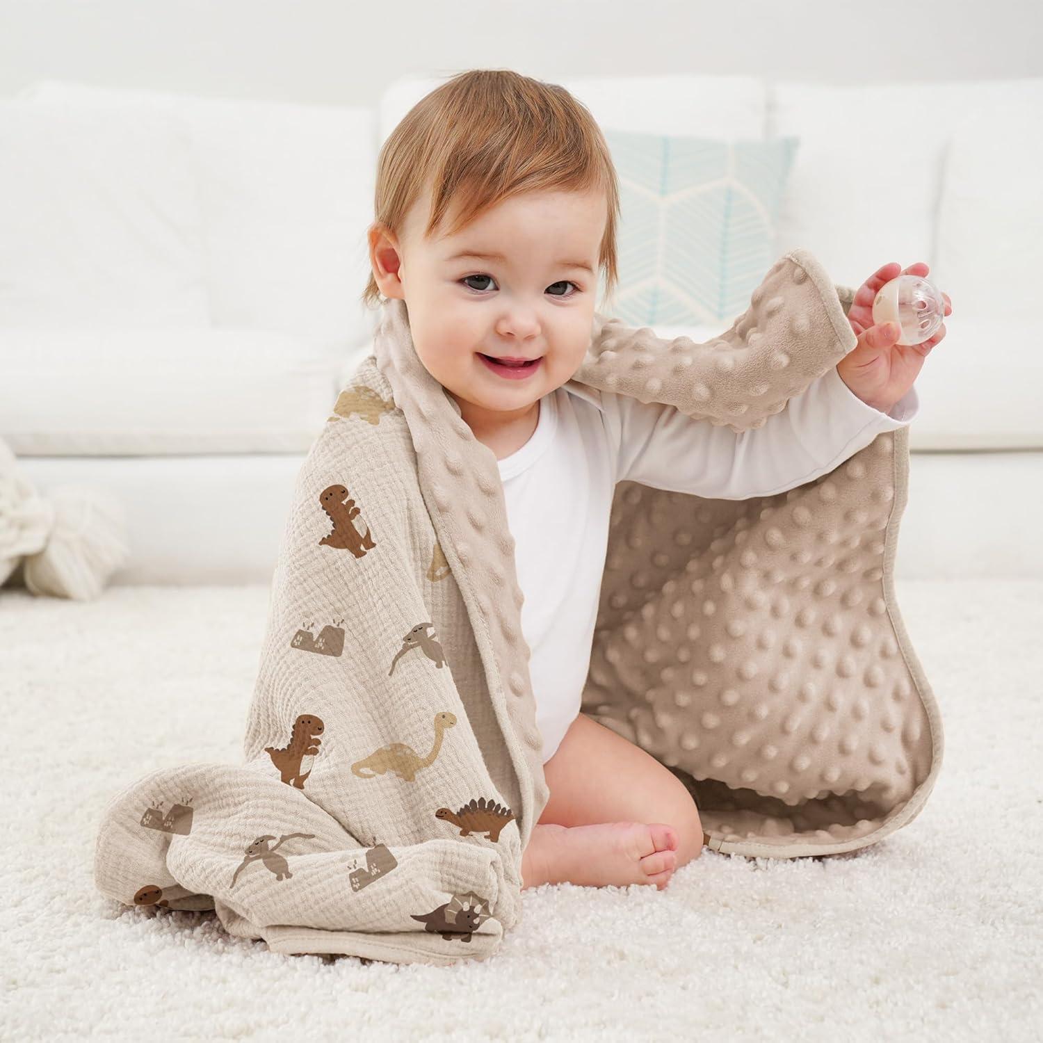 image:imageSusurration Baby Blanket for Unisex Boys Girls Soft Nursery Minky Blanket with Muslin Cotton Front and Dotted Fleece Back Receiving Blanket for Baby Newborn Infant 30x40inch Dinosaur2 Pack Dinosaur
