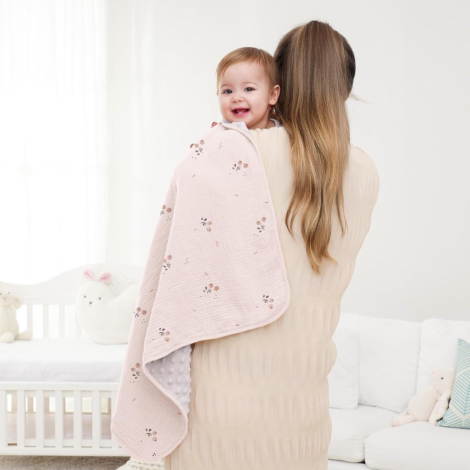 image:imageSusurration Baby Blanket for Unisex Boys Girls Soft Nursery Minky Blanket with Muslin Cotton Front and Dotted Fleece Back Receiving Blanket for Baby Newborn Infant 30x40inch DinosaurOrange Blossom