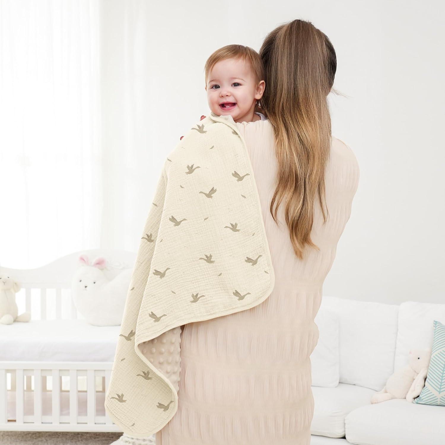 image:imageSusurration Baby Blanket for Unisex Boys Girls Soft Nursery Minky Blanket with Muslin Cotton Front and Dotted Fleece Back Receiving Blanket for Baby Newborn Infant 30x40inch DinosaurSwan