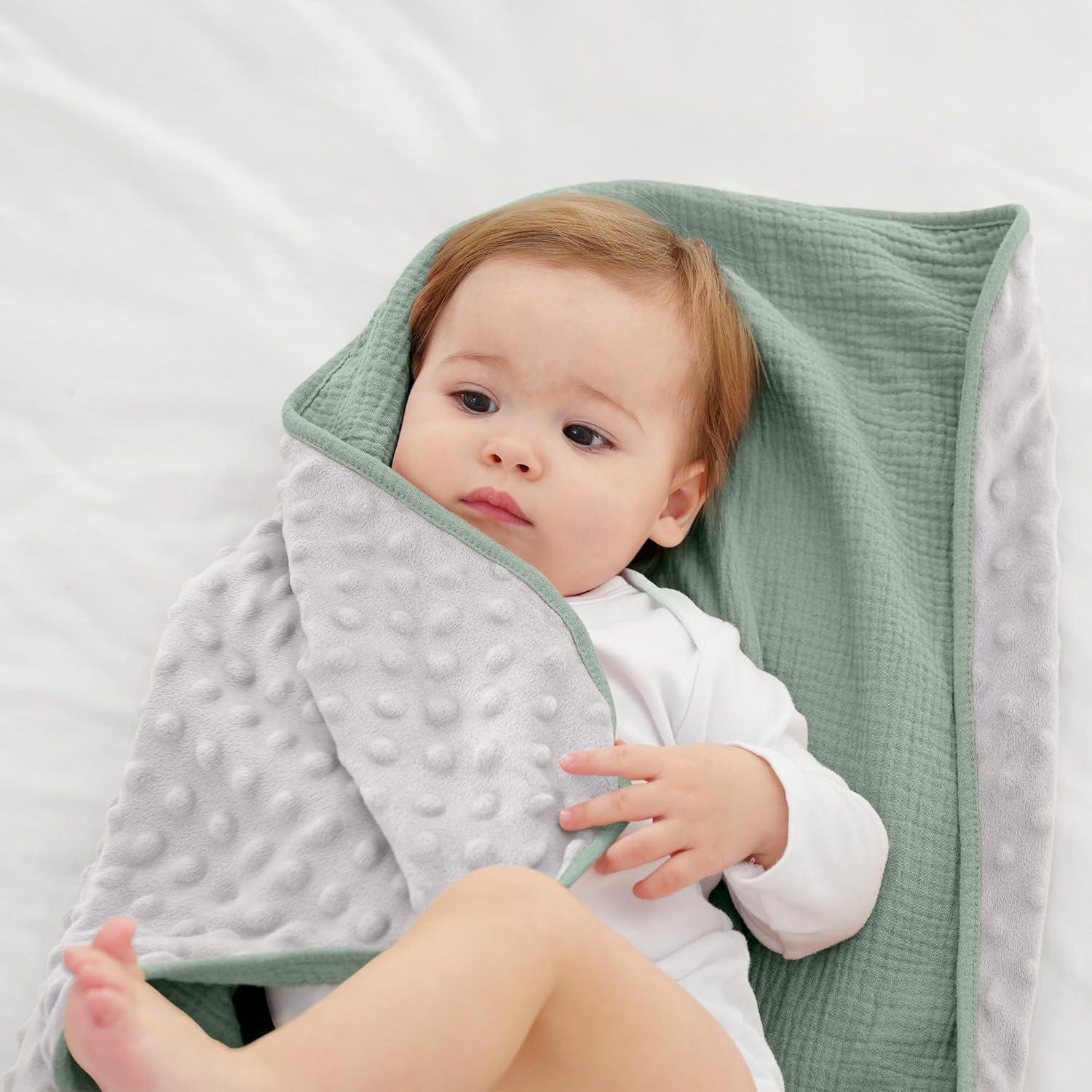 image:imageSusurration Baby Blanket for Unisex Boys Girls Soft Nursery Minky Blanket with Muslin Cotton Front and Dotted Fleece Back Receiving Blanket for Baby Newborn Infant 30x40inch Dinosaur2 Pack Green