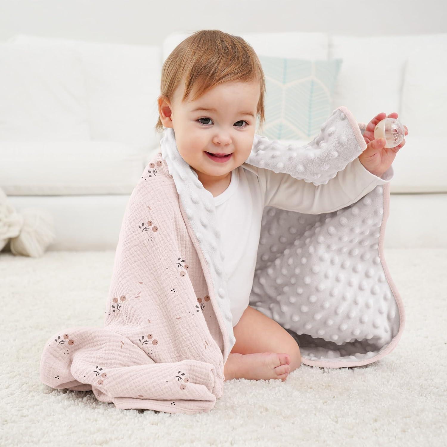 image:imageSusurration Baby Blanket for Unisex Boys Girls Soft Nursery Minky Blanket with Muslin Cotton Front and Dotted Fleece Back Receiving Blanket for Baby Newborn Infant 30x40inch DinosaurOrange Blossom