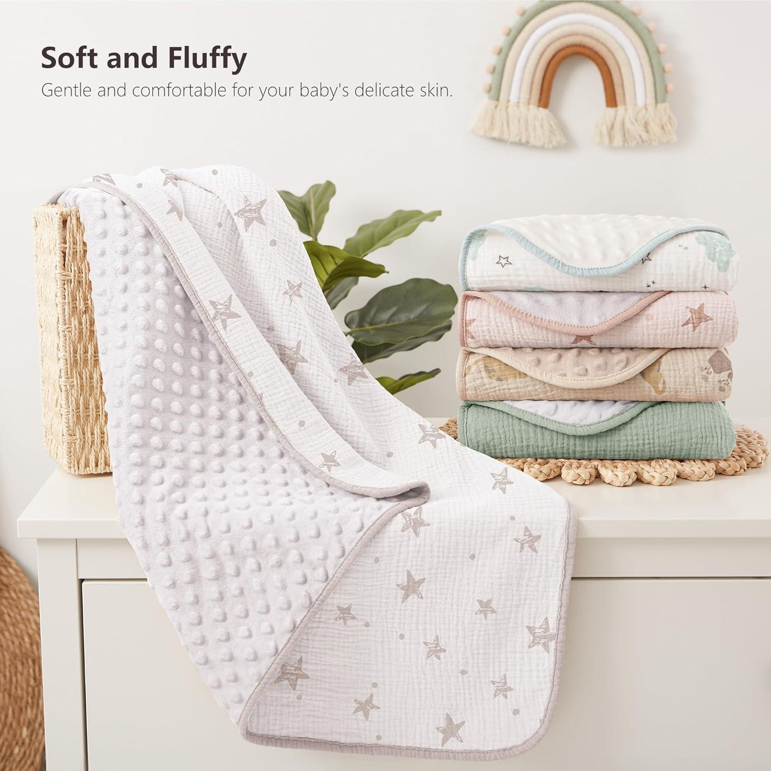 image:imageSusurration Baby Blanket for Unisex Boys Girls Soft Nursery Minky Blanket with Muslin Cotton Front and Dotted Fleece Back Receiving Blanket for Baby Newborn Infant 30x40inch Dinosaur2 Pack Beige Star