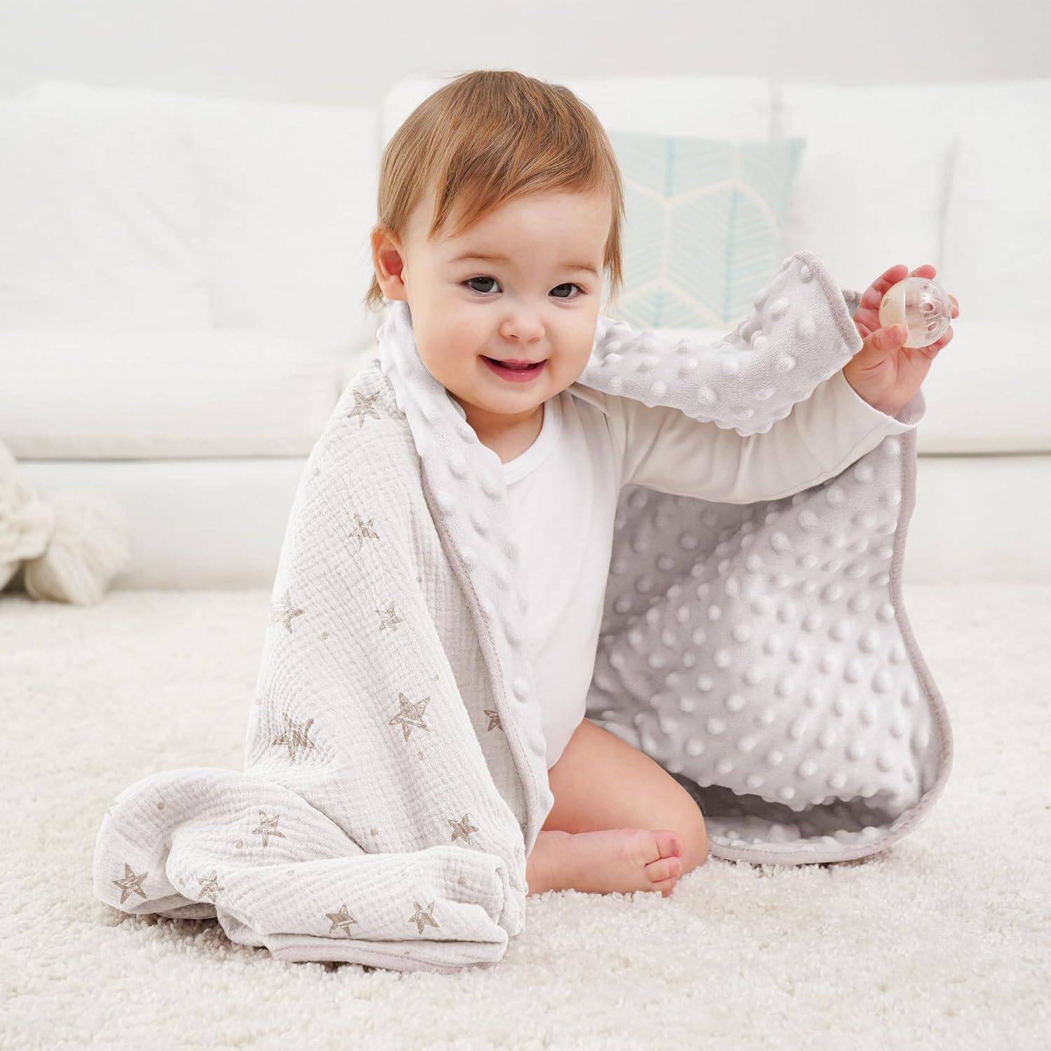 image:imageSusurration Baby Blanket for Unisex Boys Girls Soft Nursery Minky Blanket with Muslin Cotton Front and Dotted Fleece Back Receiving Blanket for Baby Newborn Infant 30x40inch Dinosaur2 Pack Beige Star