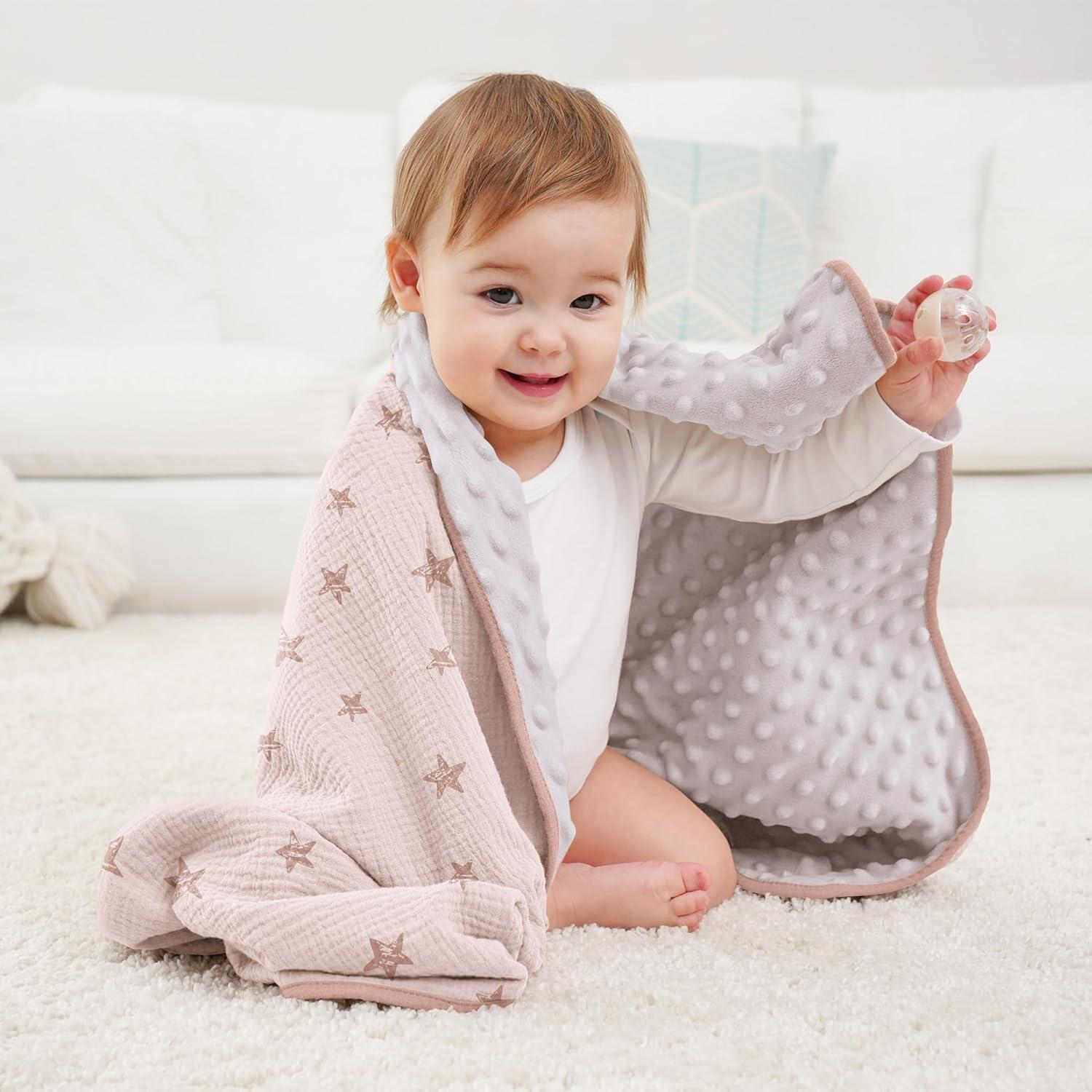 image:imageSusurration Baby Blanket for Unisex Boys Girls Soft Nursery Minky Blanket with Muslin Cotton Front and Dotted Fleece Back Receiving Blanket for Baby Newborn Infant 30x40inch Dinosaur2 Pack Pink Star