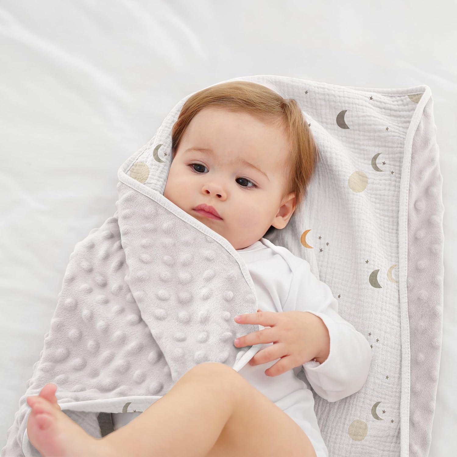 image:imageSusurration Baby Blanket for Unisex Boys Girls Soft Nursery Minky Blanket with Muslin Cotton Front and Dotted Fleece Back Receiving Blanket for Baby Newborn Infant 30x40inch DinosaurGray Moon