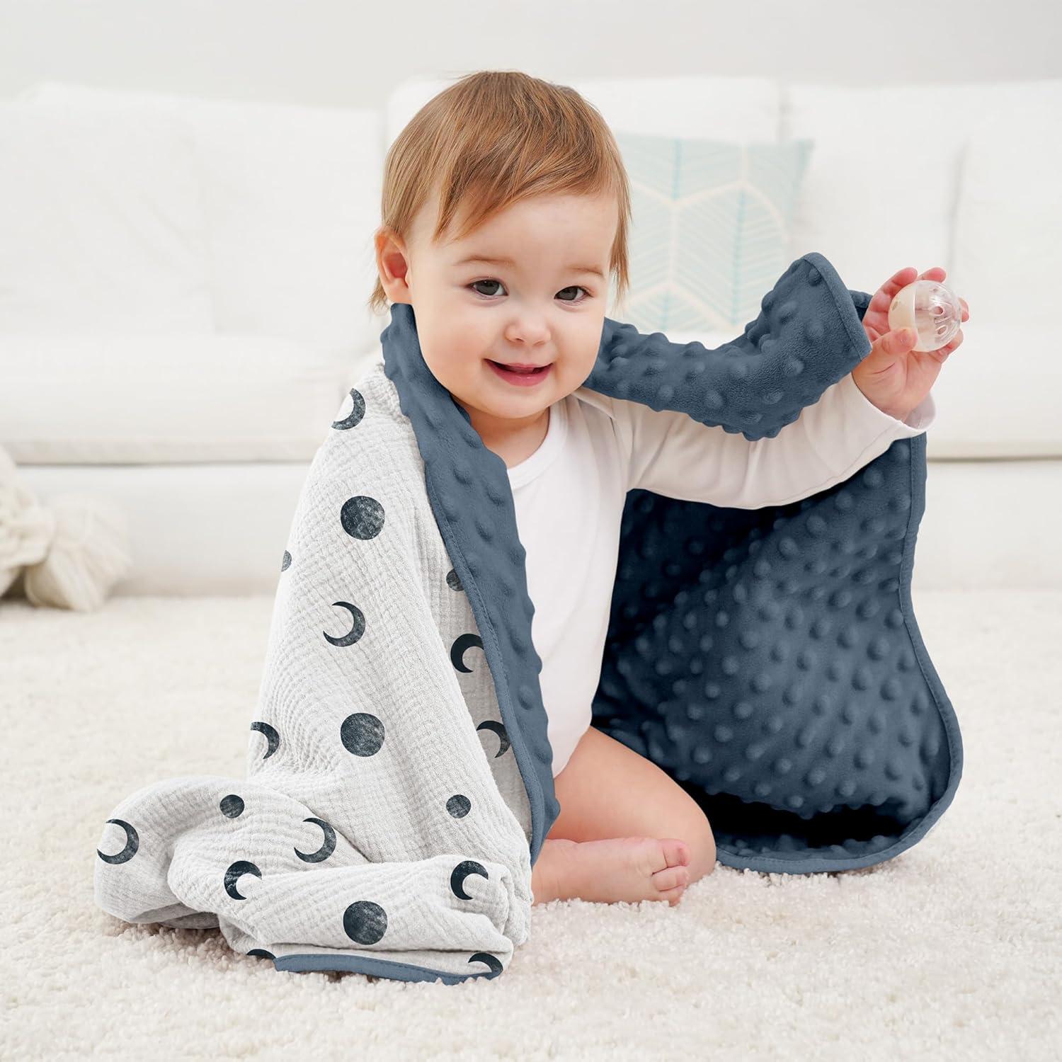 image:imageSusurration Baby Blanket for Unisex Boys Girls Soft Nursery Minky Blanket with Muslin Cotton Front and Dotted Fleece Back Receiving Blanket for Baby Newborn Infant 30x40inch Dinosaur2 Pack Bluemoon