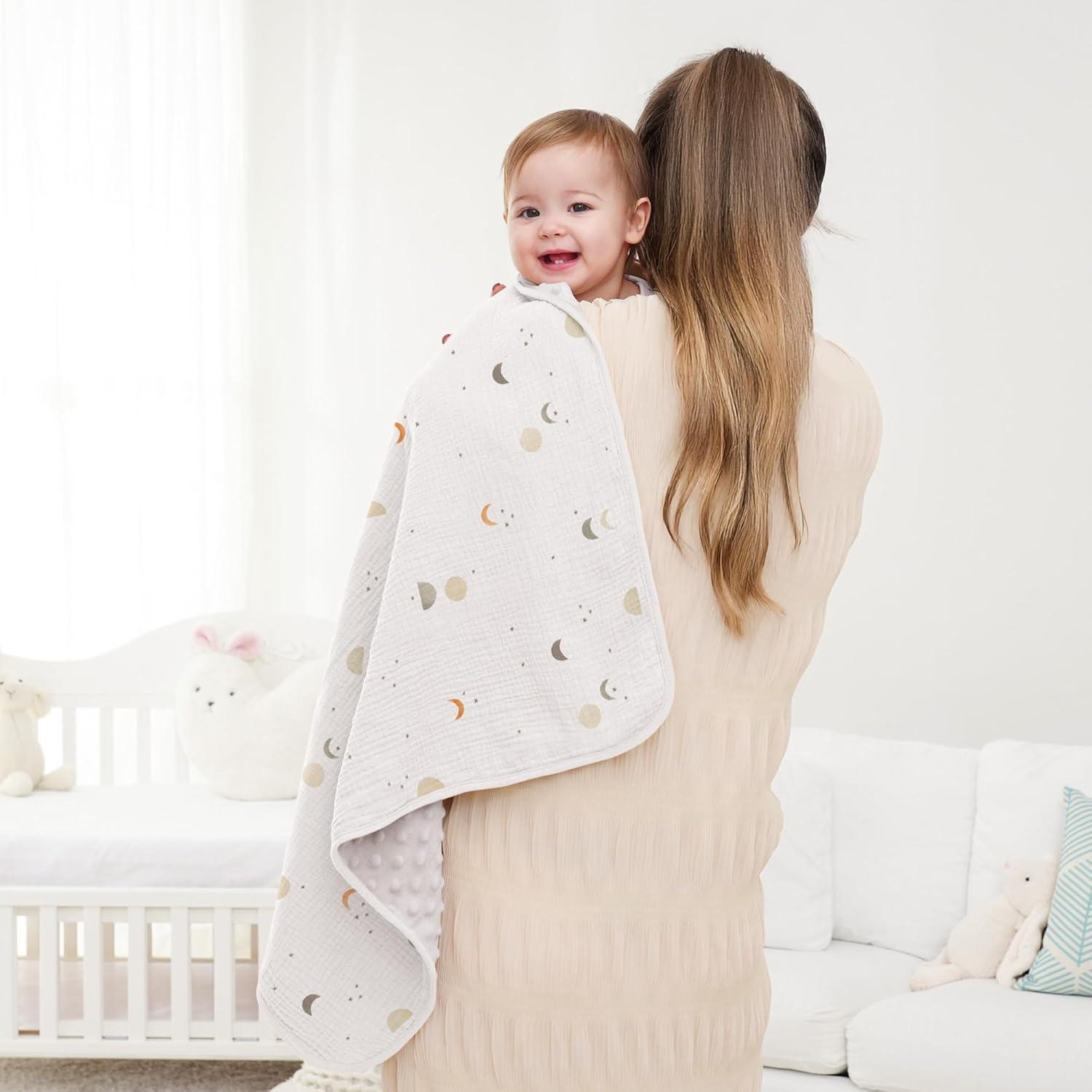 image:imageSusurration Baby Blanket for Unisex Boys Girls Soft Nursery Minky Blanket with Muslin Cotton Front and Dotted Fleece Back Receiving Blanket for Baby Newborn Infant 30x40inch DinosaurGray Moon
