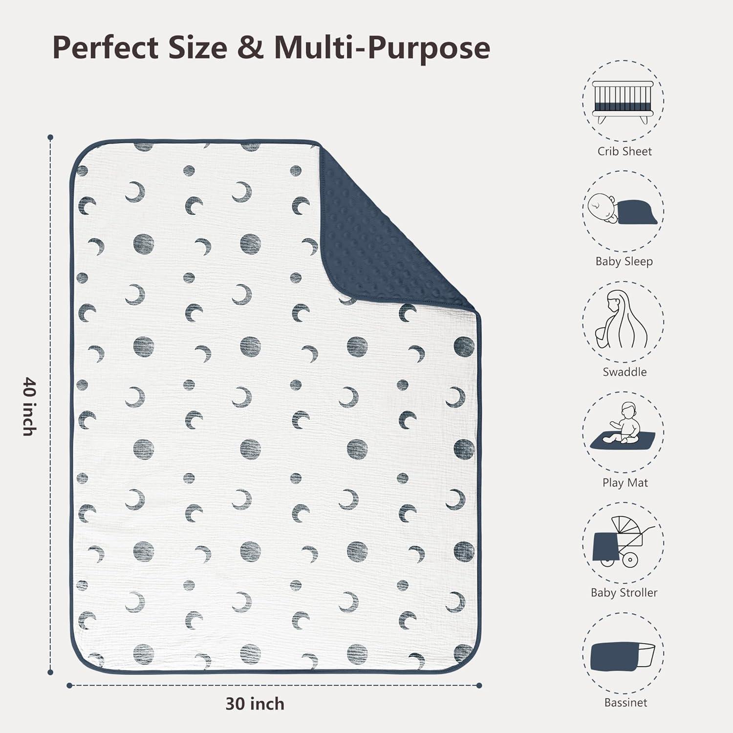 image:imageSusurration Baby Blanket for Unisex Boys Girls Soft Nursery Minky Blanket with Muslin Cotton Front and Dotted Fleece Back Receiving Blanket for Baby Newborn Infant 30x40inch DinosaurBluemoon