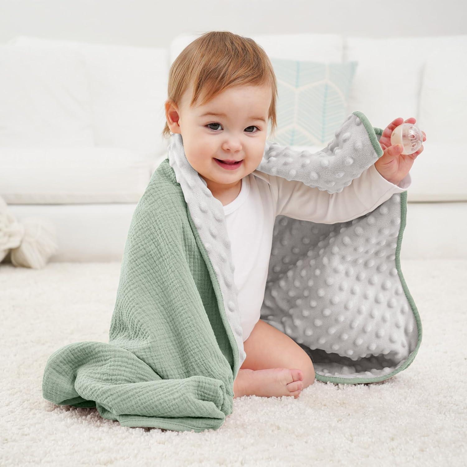image:imageSusurration Baby Blanket for Unisex Boys Girls Soft Nursery Minky Blanket with Muslin Cotton Front and Dotted Fleece Back Receiving Blanket for Baby Newborn Infant 30x40inch DinosaurGreen