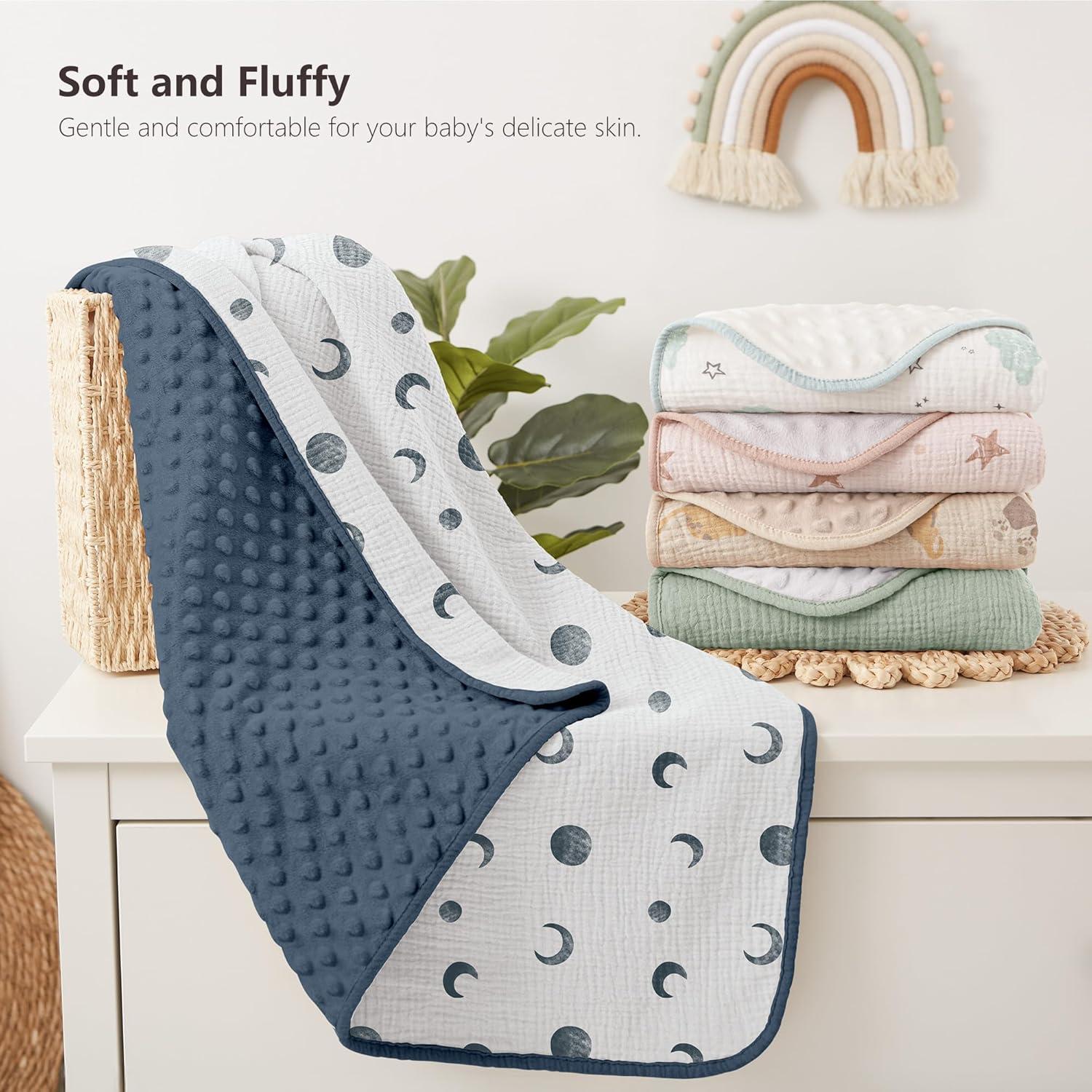 image:imageSusurration Baby Blanket for Unisex Boys Girls Soft Nursery Minky Blanket with Muslin Cotton Front and Dotted Fleece Back Receiving Blanket for Baby Newborn Infant 30x40inch Dinosaur2 Pack Bluemoon