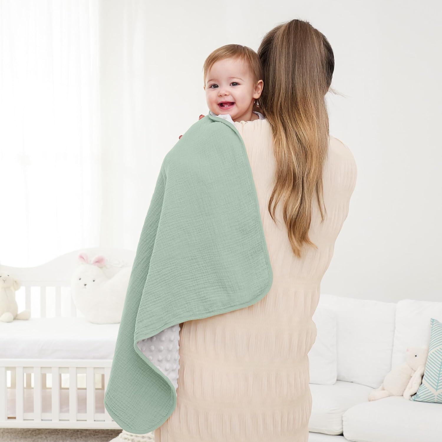 image:imageSusurration Baby Blanket for Unisex Boys Girls Soft Nursery Minky Blanket with Muslin Cotton Front and Dotted Fleece Back Receiving Blanket for Baby Newborn Infant 30x40inch Dinosaur2 Pack Green