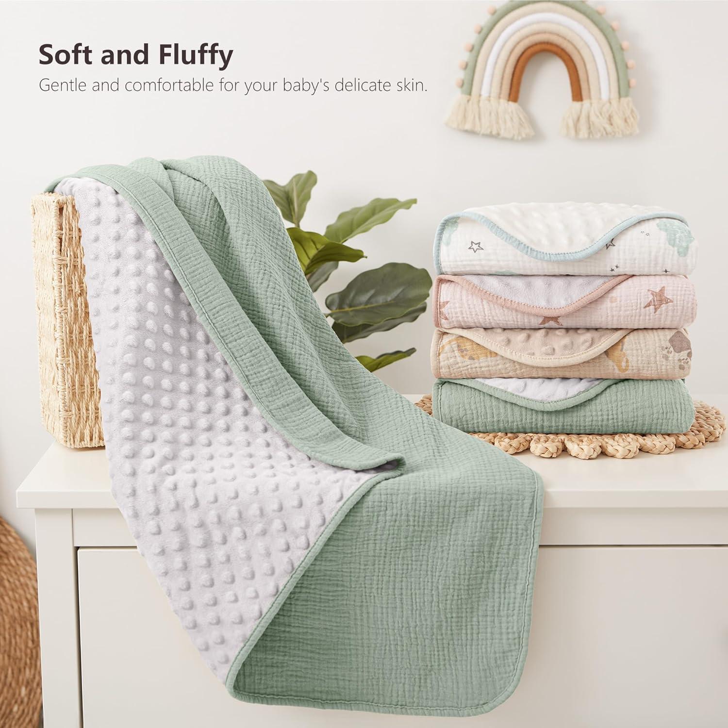 image:imageSusurration Baby Blanket for Unisex Boys Girls Soft Nursery Minky Blanket with Muslin Cotton Front and Dotted Fleece Back Receiving Blanket for Baby Newborn Infant 30x40inch DinosaurGreen