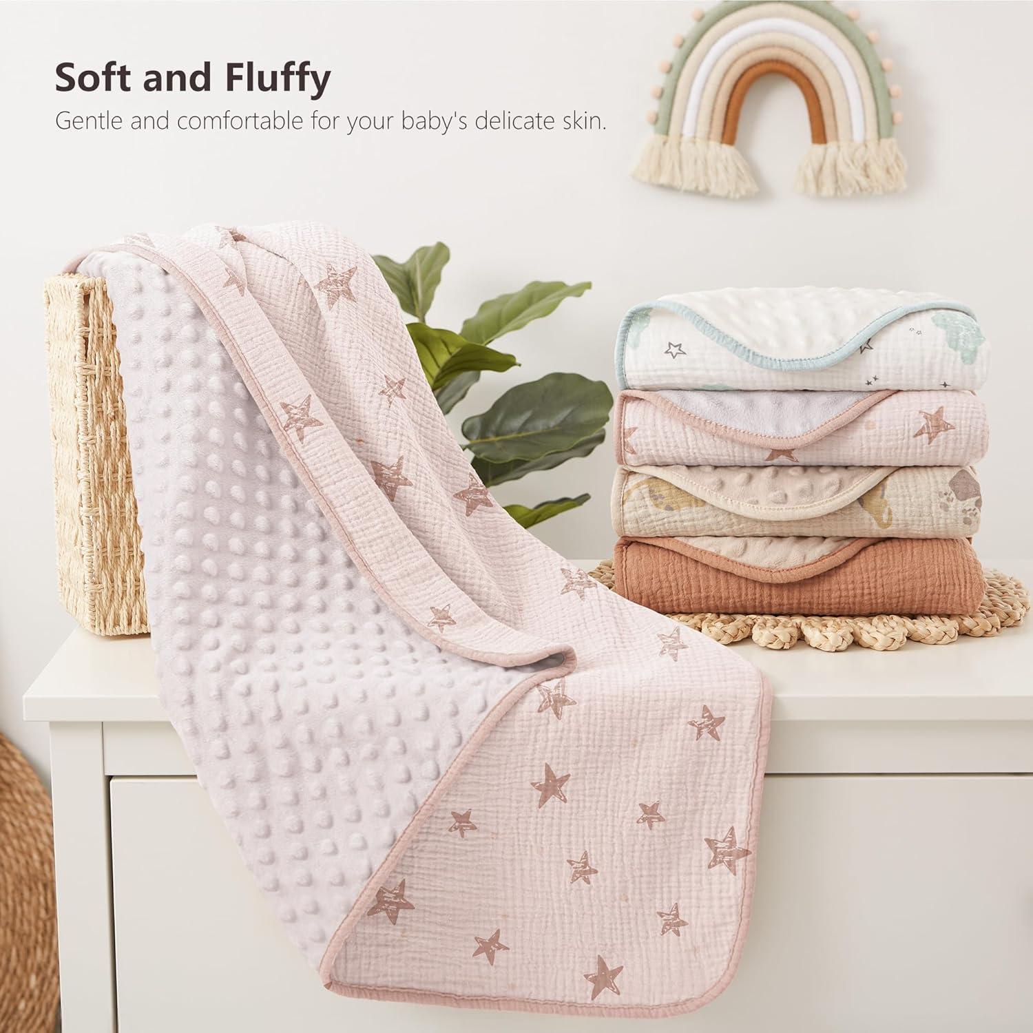 image:imageSusurration Baby Blanket for Unisex Boys Girls Soft Nursery Minky Blanket with Muslin Cotton Front and Dotted Fleece Back Receiving Blanket for Baby Newborn Infant 30x40inch Dinosaur2 Pack Pink Star