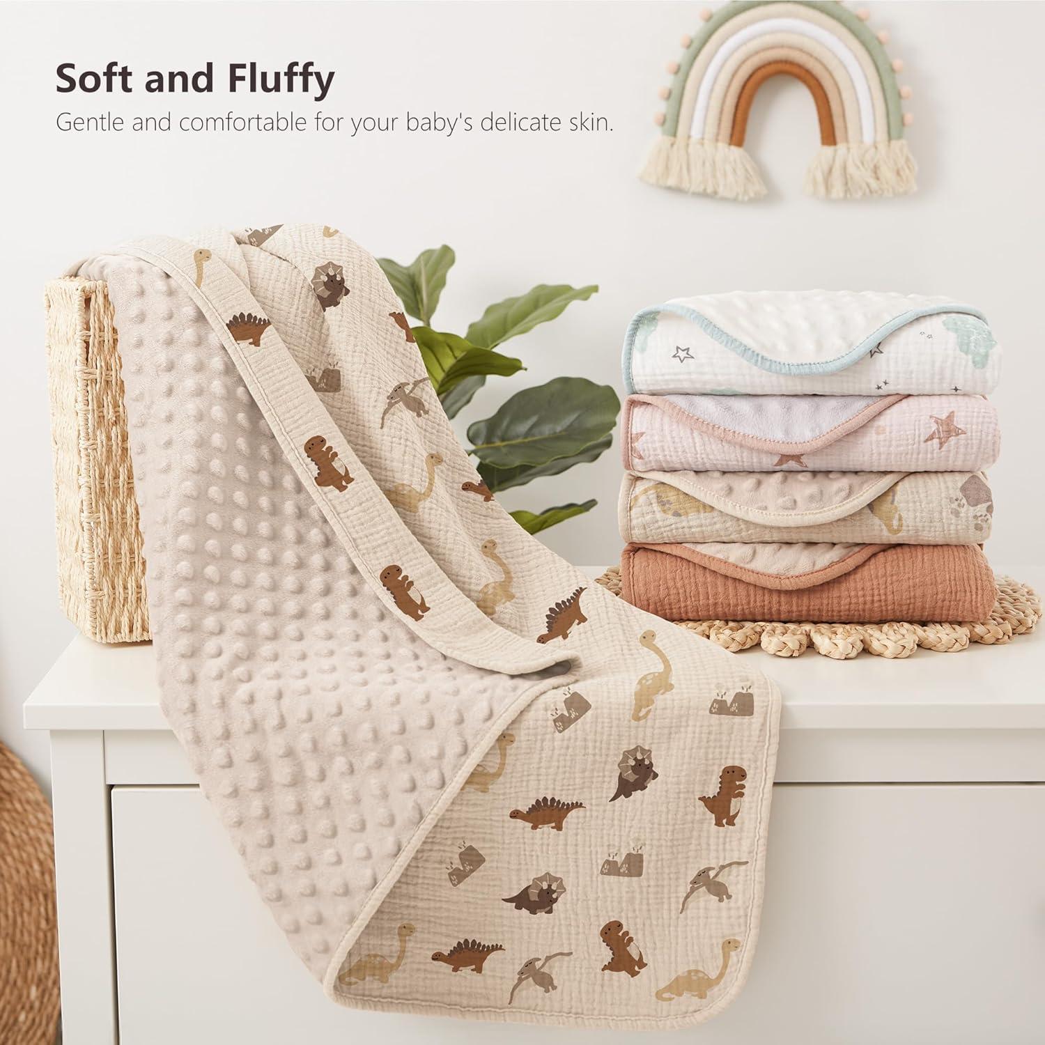 image:imageSusurration Baby Blanket for Unisex Boys Girls Soft Nursery Minky Blanket with Muslin Cotton Front and Dotted Fleece Back Receiving Blanket for Baby Newborn Infant 30x40inch Dinosaur2 Pack Dinosaur
