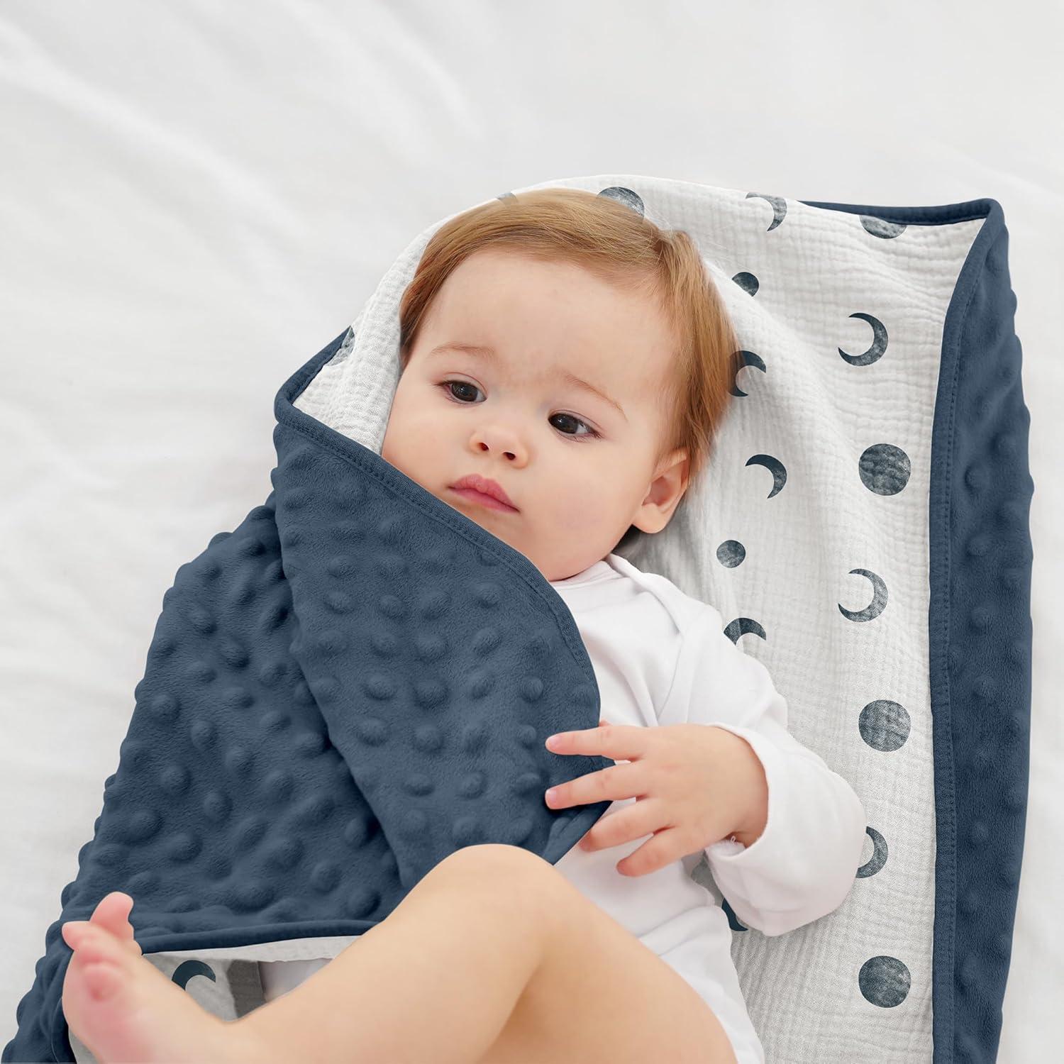 image:imageSusurration Baby Blanket for Unisex Boys Girls Soft Nursery Minky Blanket with Muslin Cotton Front and Dotted Fleece Back Receiving Blanket for Baby Newborn Infant 30x40inch Dinosaur2 Pack Bluemoon