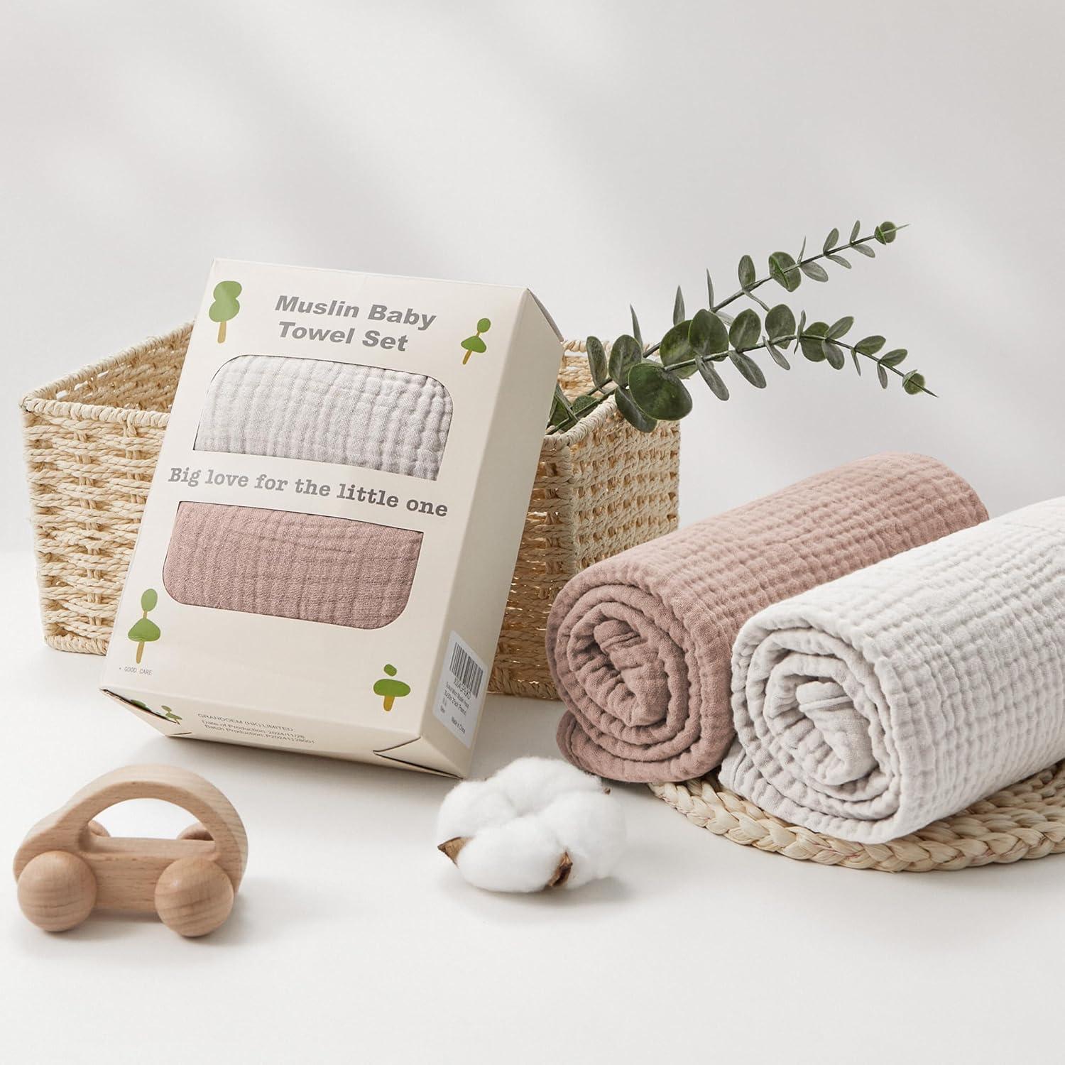 image:imageSusurration Hooded Baby Towels for Newborn 2 Pack 100 Muslin Cotton Towel for BabiesHighly Absorbent and Newborn Essential 30x30 Inch BeigeampSandBeigesand