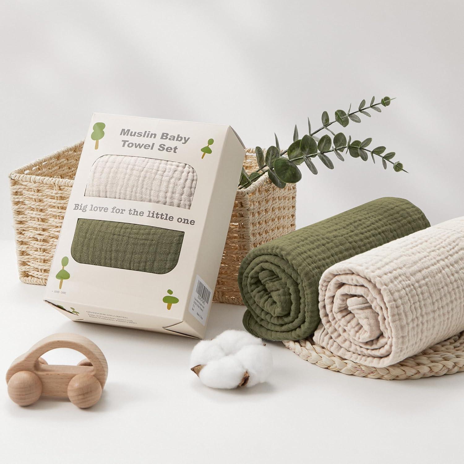 image:imageSusurration Hooded Baby Towels for Newborn 2 Pack 100 Muslin Cotton Towel for BabiesHighly Absorbent and Newborn Essential 30x30 Inch BeigeampSandCreamdark Green