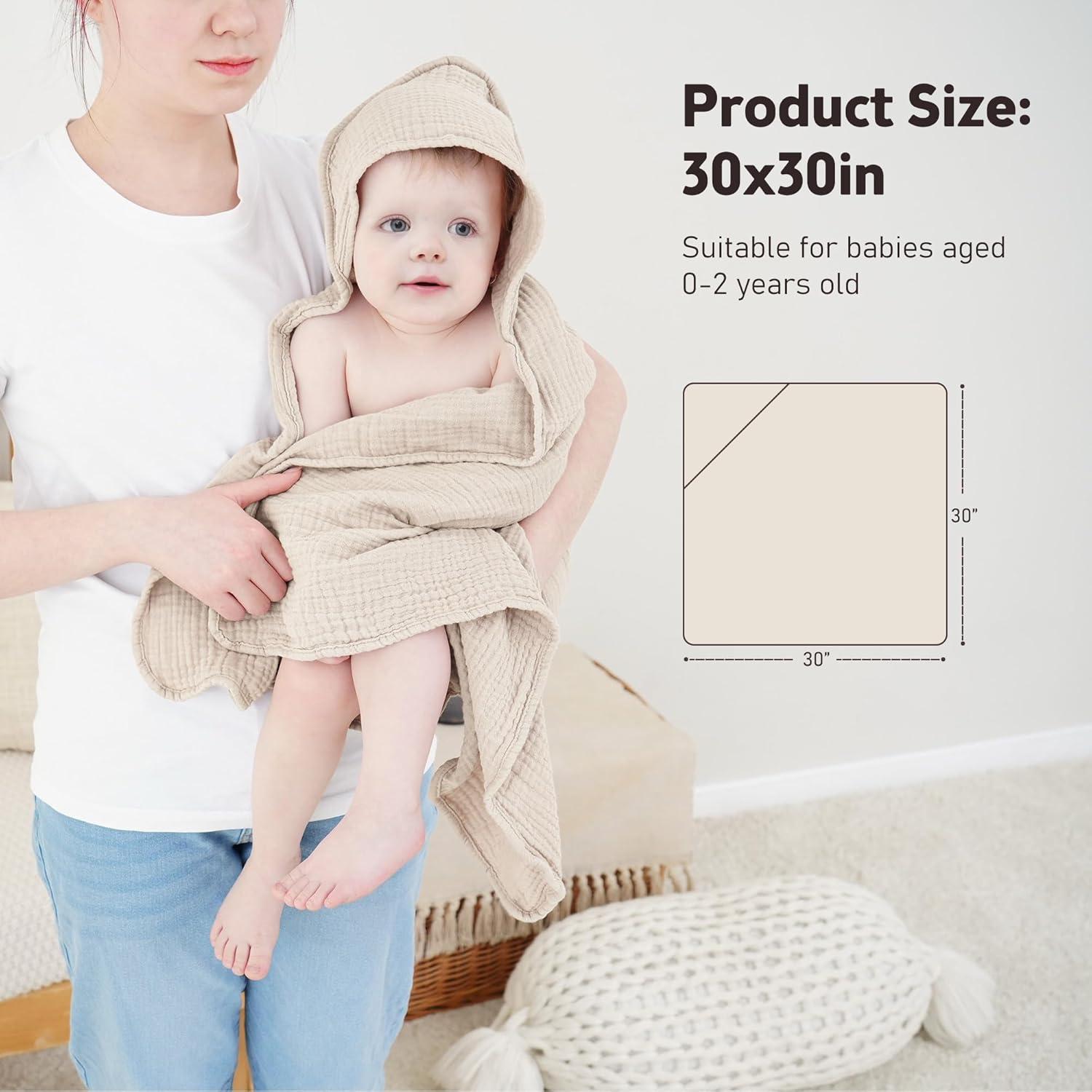 image:imageSusurration Hooded Baby Towels for Newborn 2 Pack 100 Muslin Cotton Towel for BabiesHighly Absorbent and Newborn Essential 30x30 Inch BeigeampSandCreamdark Green