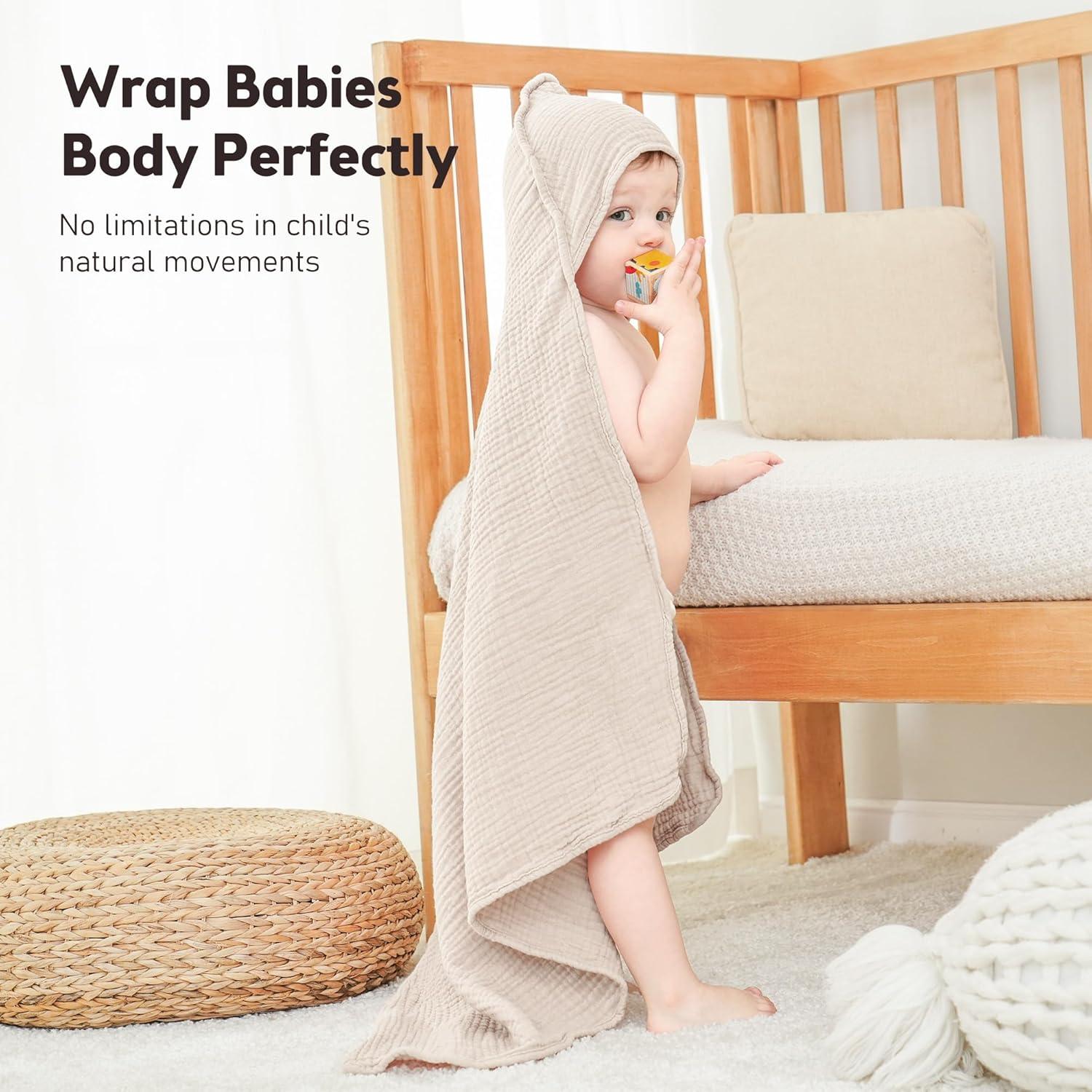image:imageSusurration Hooded Baby Towels for Newborn 2 Pack 100 Muslin Cotton Towel for BabiesHighly Absorbent and Newborn Essential 30x30 Inch BeigeampSandCreamdark Green
