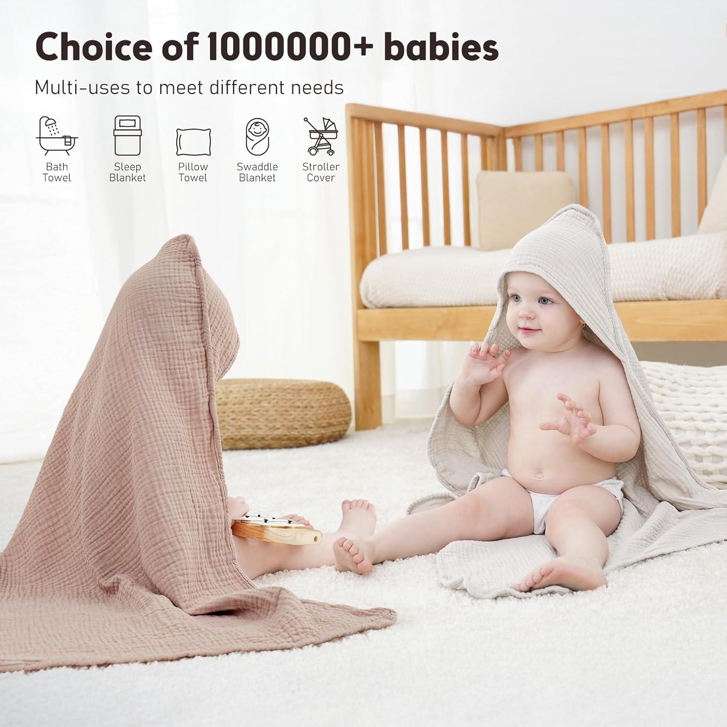 image:imageSusurration Hooded Baby Towels for Newborn 2 Pack 100 Muslin Cotton Towel for BabiesHighly Absorbent and Newborn Essential 30x30 Inch BeigeampSandCreamsand