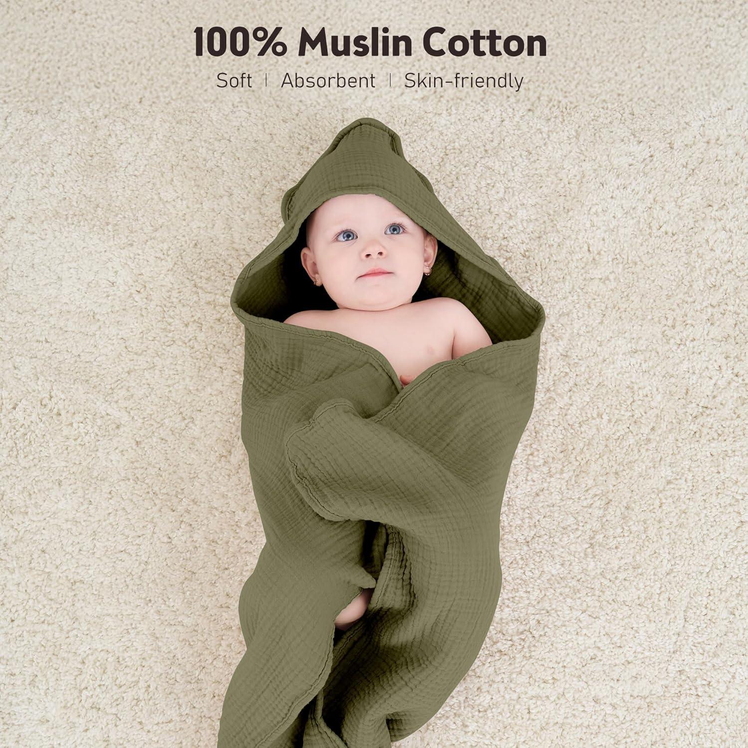 image:imageSusurration Hooded Baby Towels for Newborn 2 Pack 100 Muslin Cotton Towel for BabiesHighly Absorbent and Newborn Essential 30x30 Inch BeigeampSandCreamdark Green