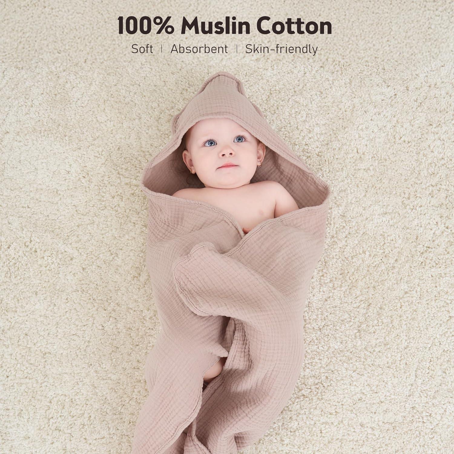 image:imageSusurration Hooded Baby Towels for Newborn 2 Pack 100 Muslin Cotton Towel for BabiesHighly Absorbent and Newborn Essential 30x30 Inch BeigeampSandCreamsand