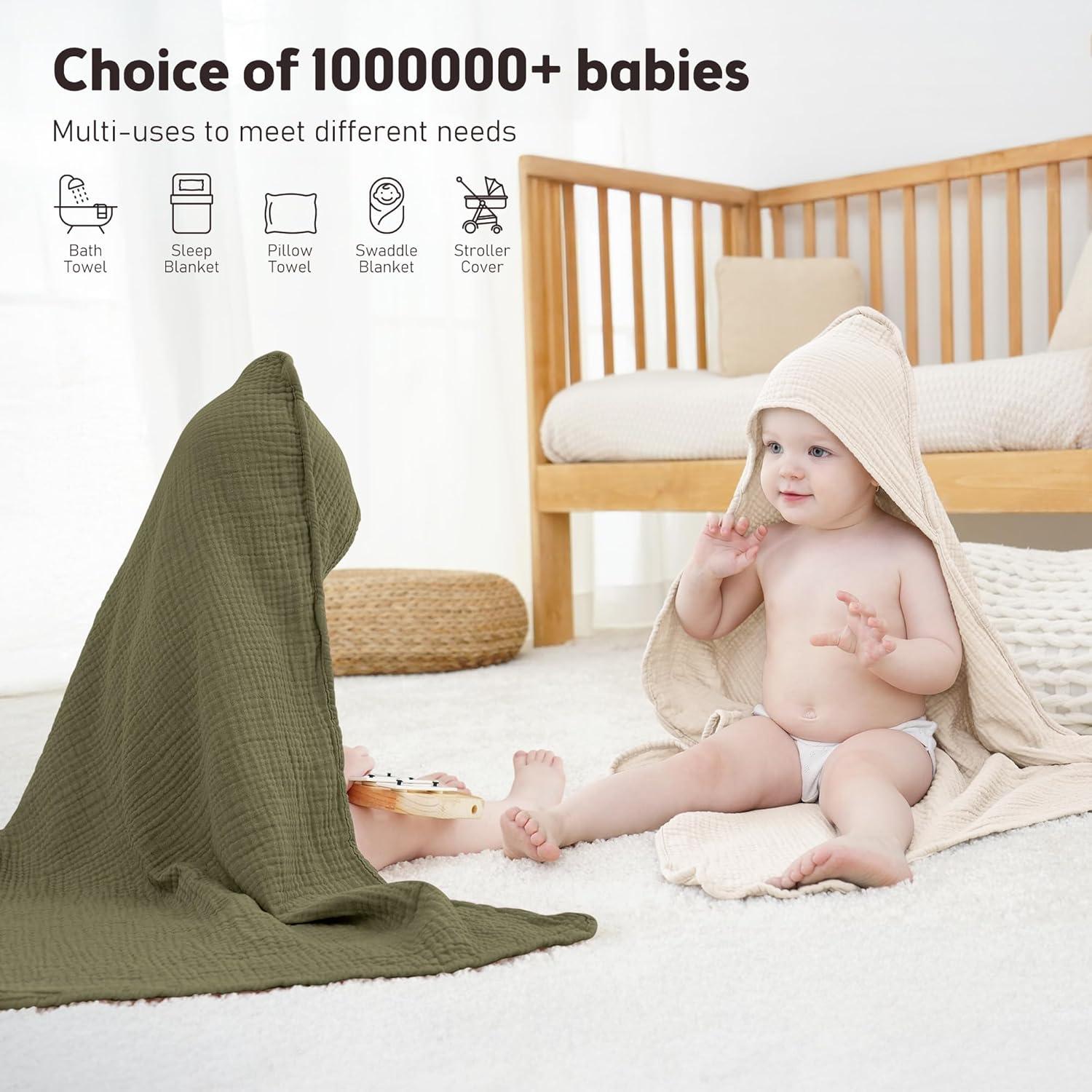 image:imageSusurration Hooded Baby Towels for Newborn 2 Pack 100 Muslin Cotton Towel for BabiesHighly Absorbent and Newborn Essential 30x30 Inch BeigeampSandCreamdark Green