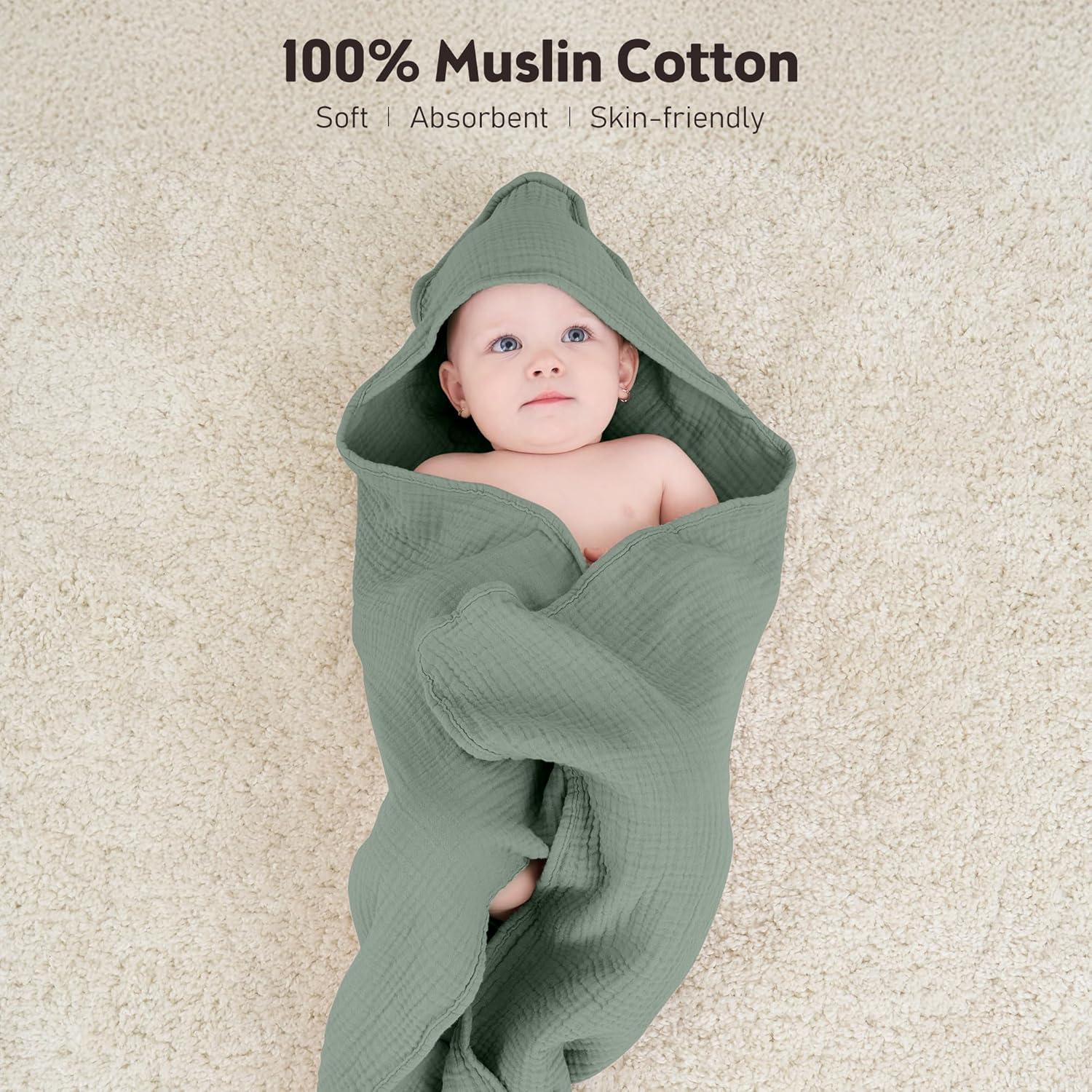 image:imageSusurration Hooded Baby Towels for Newborn 2 Pack 100 Muslin Cotton Towel for BabiesHighly Absorbent and Newborn Essential 30x30 Inch BeigeampSandGraygreen