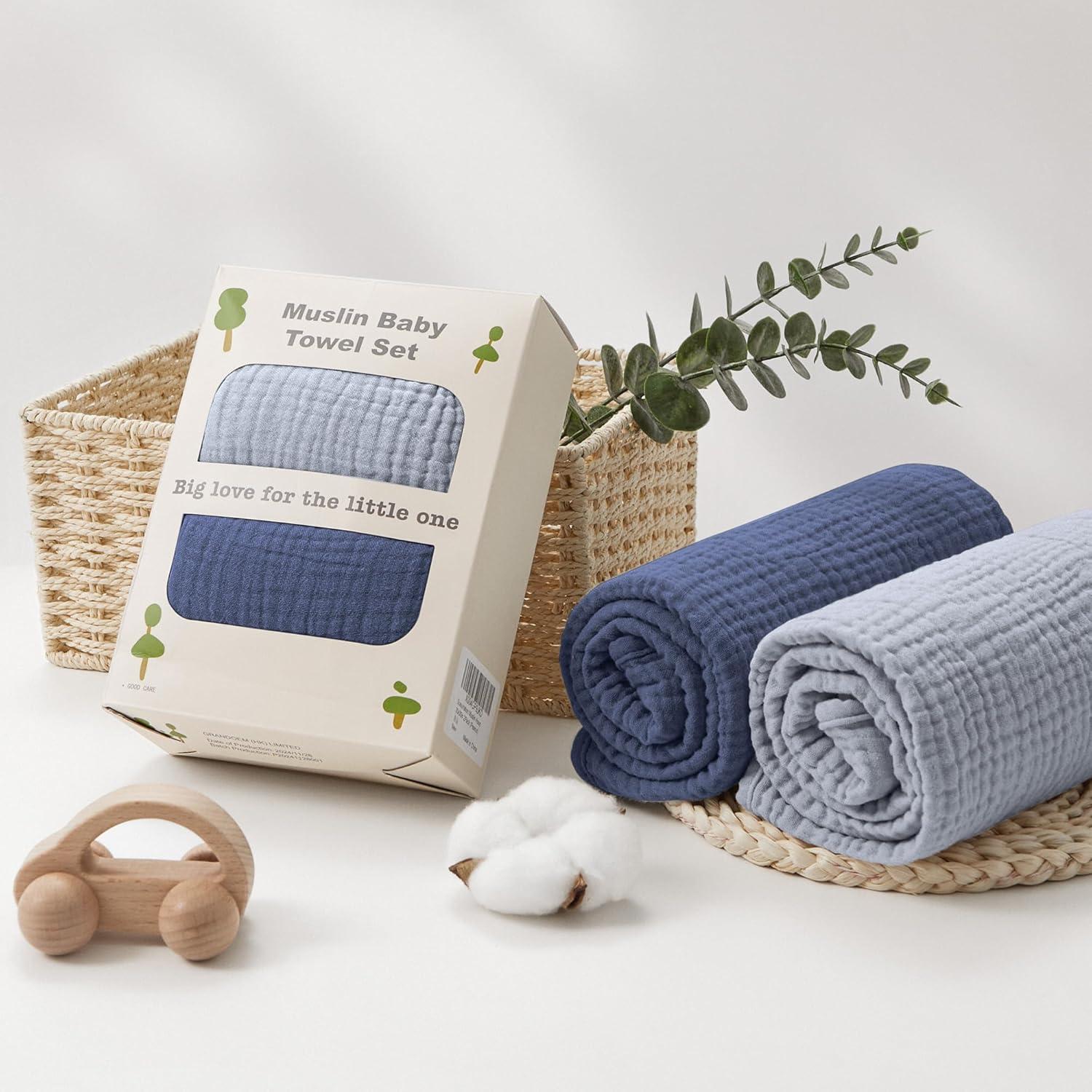 image:imageSusurration Hooded Baby Towels for Newborn 2 Pack 100 Muslin Cotton Towel for BabiesHighly Absorbent and Newborn Essential 30x30 Inch BeigeampSandGrayblue