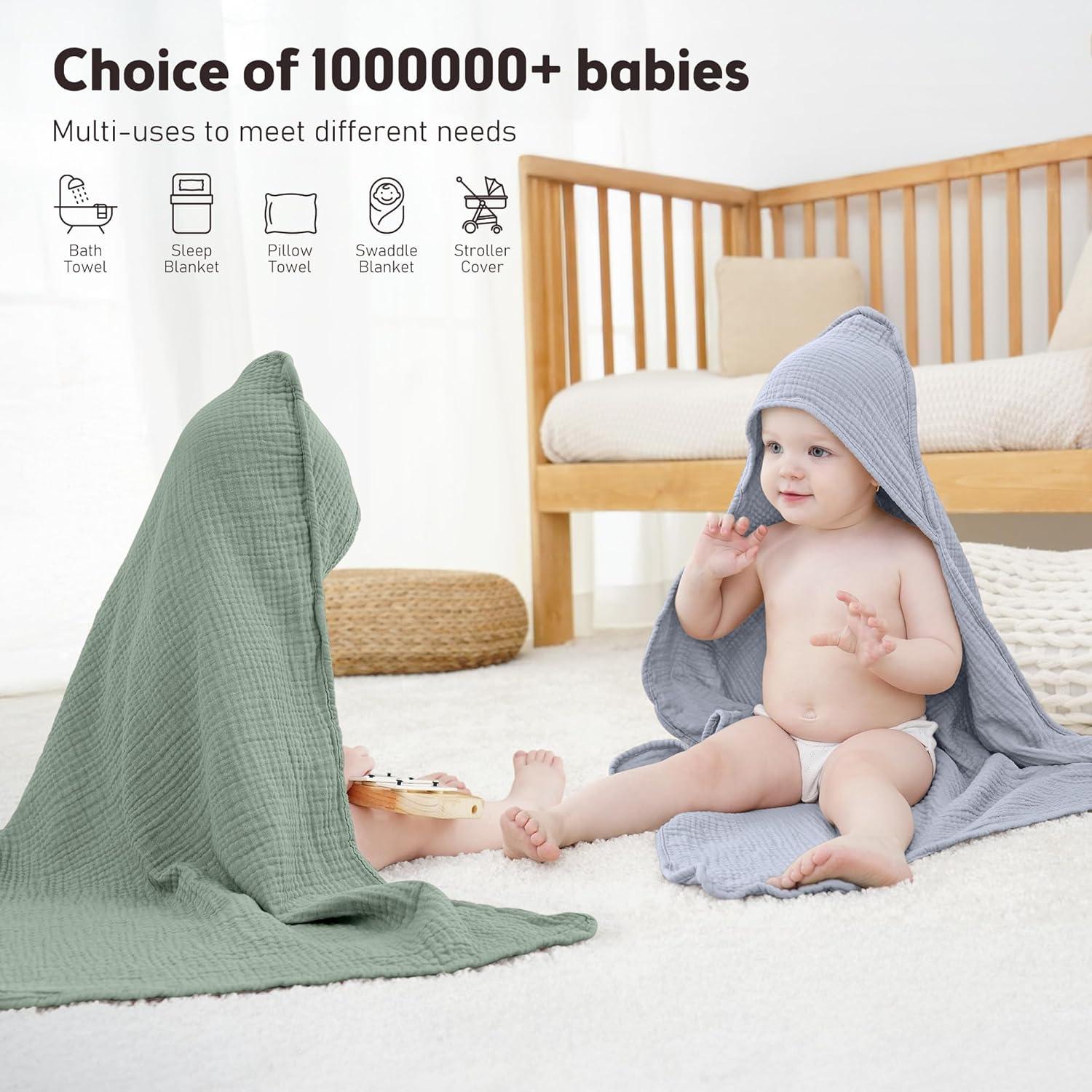image:imageSusurration Hooded Baby Towels for Newborn 2 Pack 100 Muslin Cotton Towel for BabiesHighly Absorbent and Newborn Essential 30x30 Inch BeigeampSandGraygreen