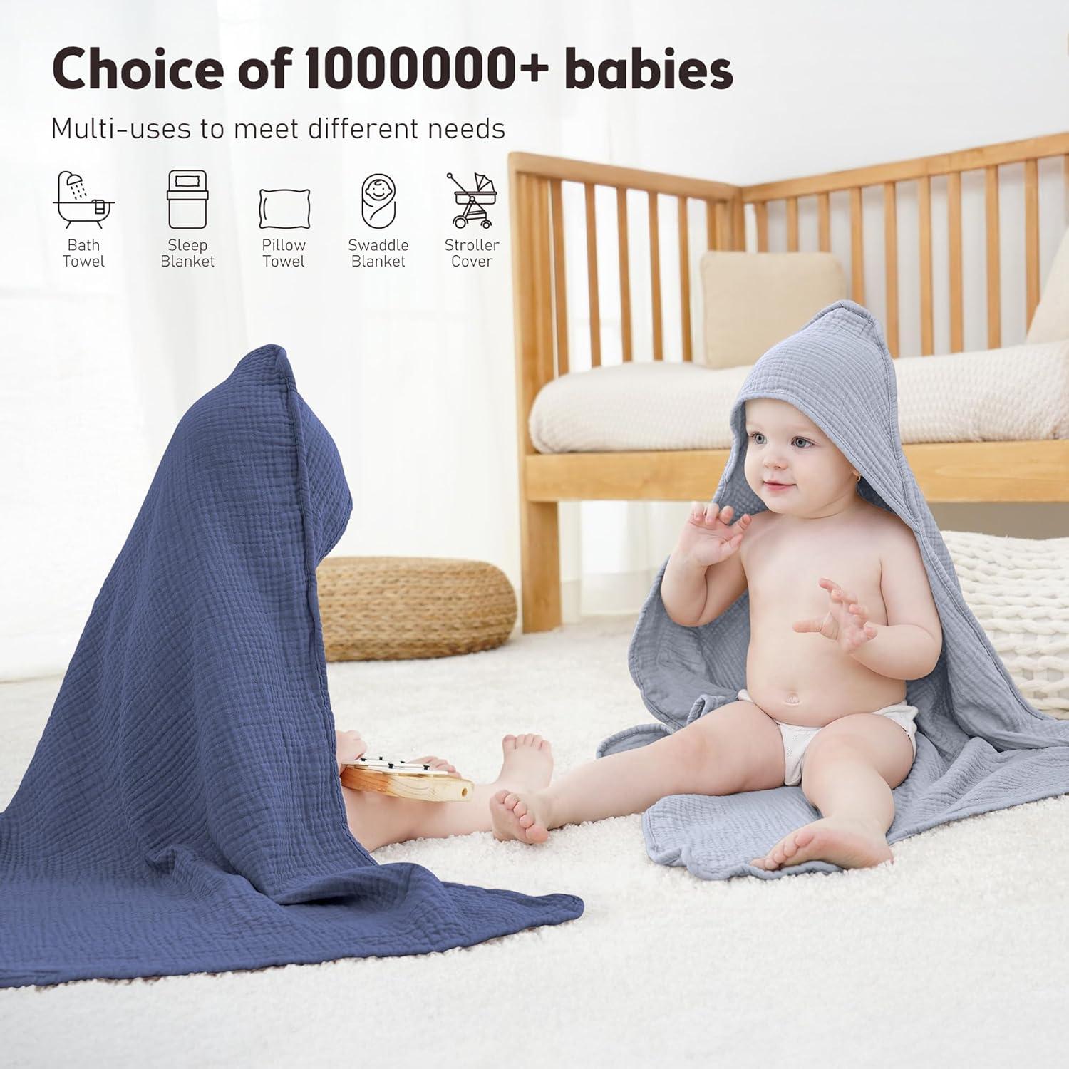 image:imageSusurration Hooded Baby Towels for Newborn 2 Pack 100 Muslin Cotton Towel for BabiesHighly Absorbent and Newborn Essential 30x30 Inch BeigeampSandGrayblue