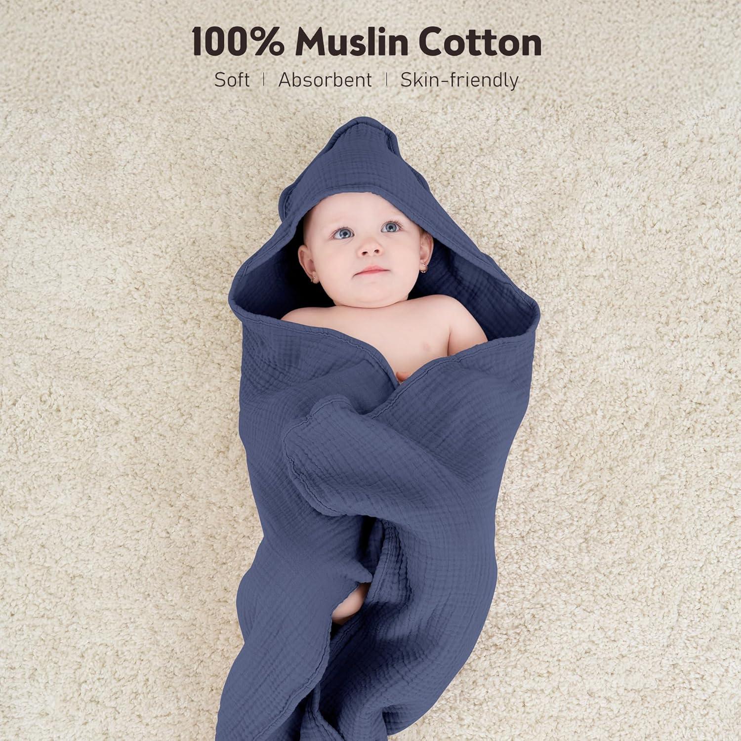 image:imageSusurration Hooded Baby Towels for Newborn 2 Pack 100 Muslin Cotton Towel for BabiesHighly Absorbent and Newborn Essential 30x30 Inch BeigeampSandGrayblue