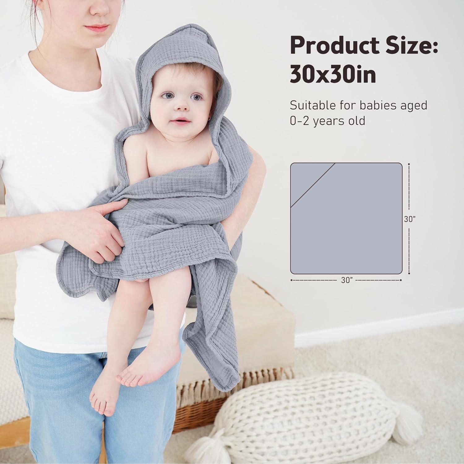 image:imageSusurration Hooded Baby Towels for Newborn 2 Pack 100 Muslin Cotton Towel for BabiesHighly Absorbent and Newborn Essential 30x30 Inch BeigeampSandGrayblue