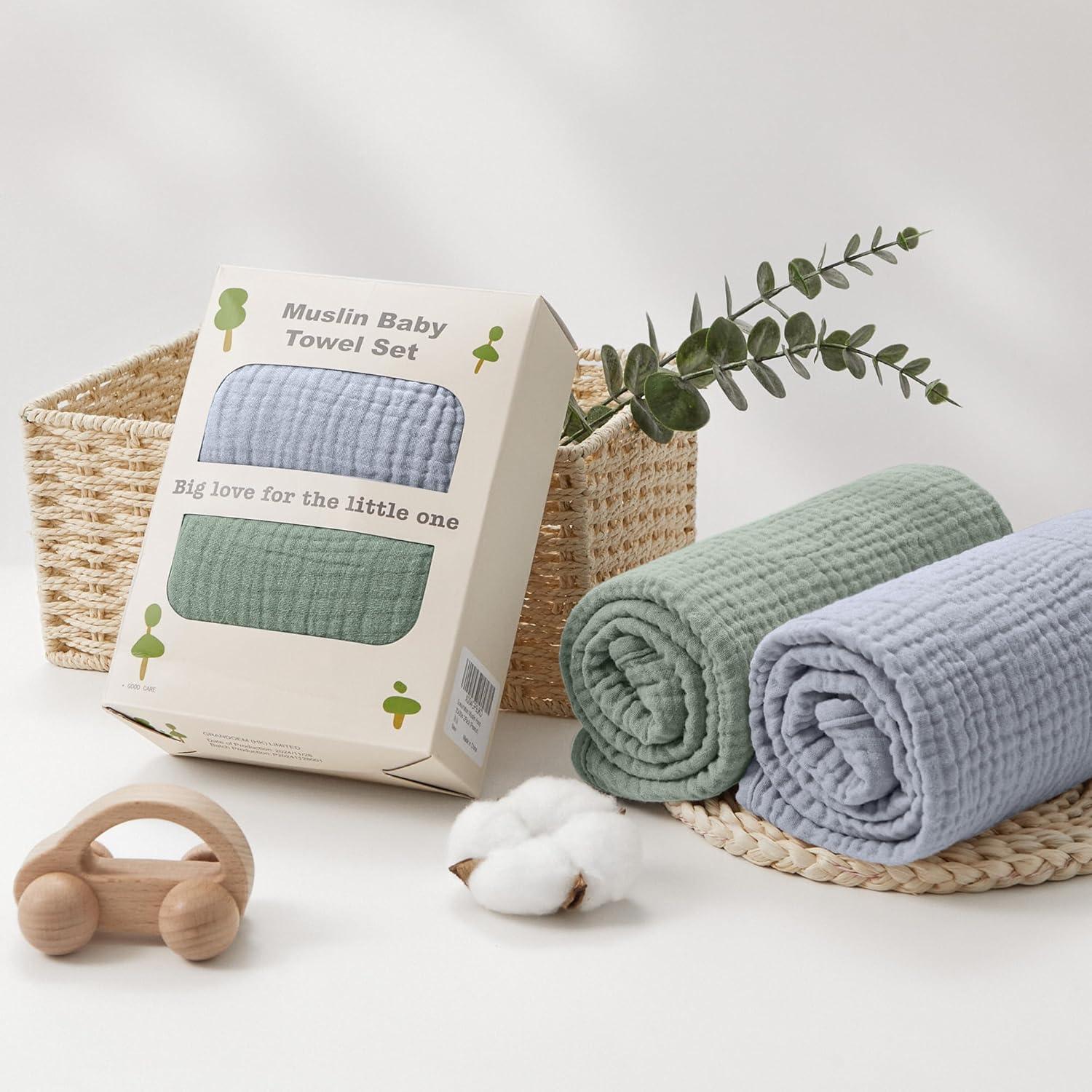 image:imageSusurration Hooded Baby Towels for Newborn 2 Pack 100 Muslin Cotton Towel for BabiesHighly Absorbent and Newborn Essential 30x30 Inch BeigeampSandGraygreen
