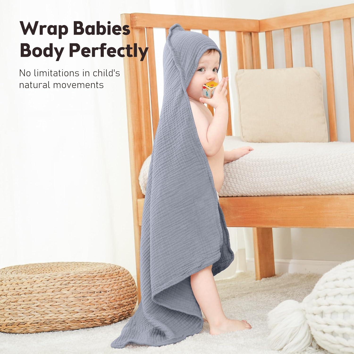 image:imageSusurration Hooded Baby Towels for Newborn 2 Pack 100 Muslin Cotton Towel for BabiesHighly Absorbent and Newborn Essential 30x30 Inch BeigeampSandGrayblue