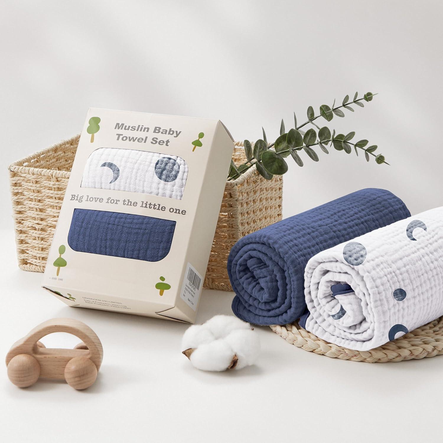 image:imageSusurration Hooded Baby Towels for Newborn 2 Pack 100 Muslin Cotton Towel for BabiesHighly Absorbent and Newborn Essential 30x30 Inch BeigeampSandMoonroyal Blue