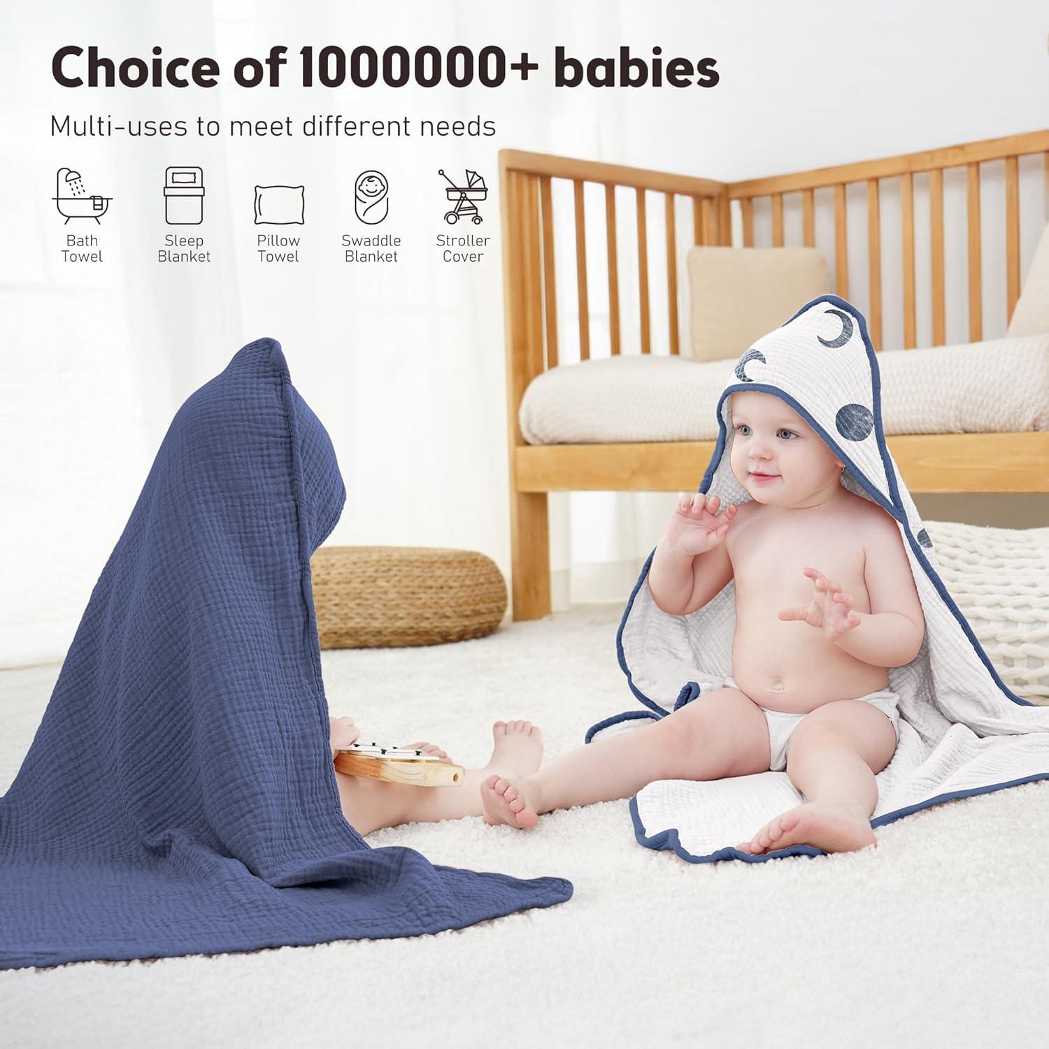 image:imageSusurration Hooded Baby Towels for Newborn 2 Pack 100 Muslin Cotton Towel for BabiesHighly Absorbent and Newborn Essential 30x30 Inch BeigeampSandMoonroyal Blue