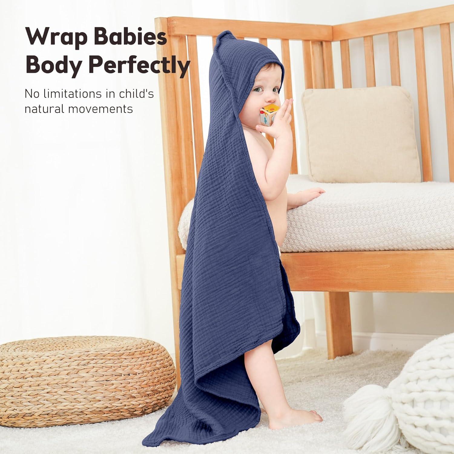 image:imageSusurration Hooded Baby Towels for Newborn 2 Pack 100 Muslin Cotton Towel for BabiesHighly Absorbent and Newborn Essential 30x30 Inch BeigeampSandMoonroyal Blue