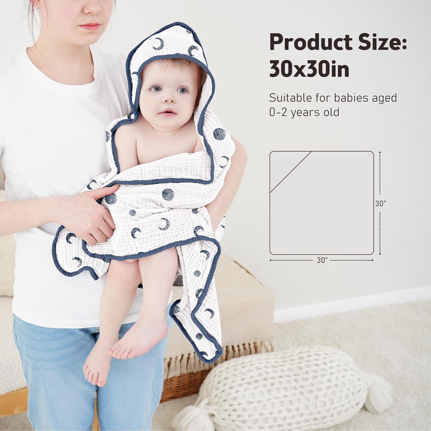 image:imageSusurration Hooded Baby Towels for Newborn 2 Pack 100 Muslin Cotton Towel for BabiesHighly Absorbent and Newborn Essential 30x30 Inch BeigeampSandMoonroyal Blue
