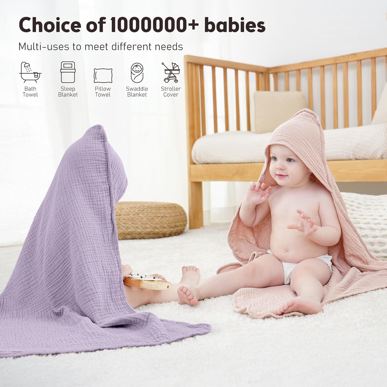 image:imageSusurration Hooded Baby Towels for Newborn 2 Pack 100 Muslin Cotton Towel for BabiesHighly Absorbent and Newborn Essential 30x30 Inch BeigeampSandPinkpurple